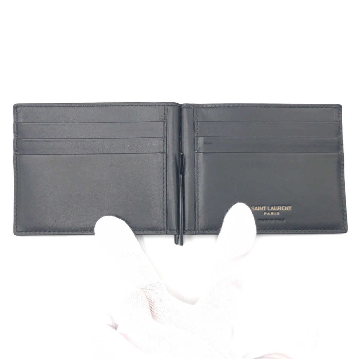15621
YVES SAINT LAURENT イヴ サンローラン ブラック レザー 二つ折り財布 折り財布 札入れ マネークリップ コンパクトウォレット メンズ