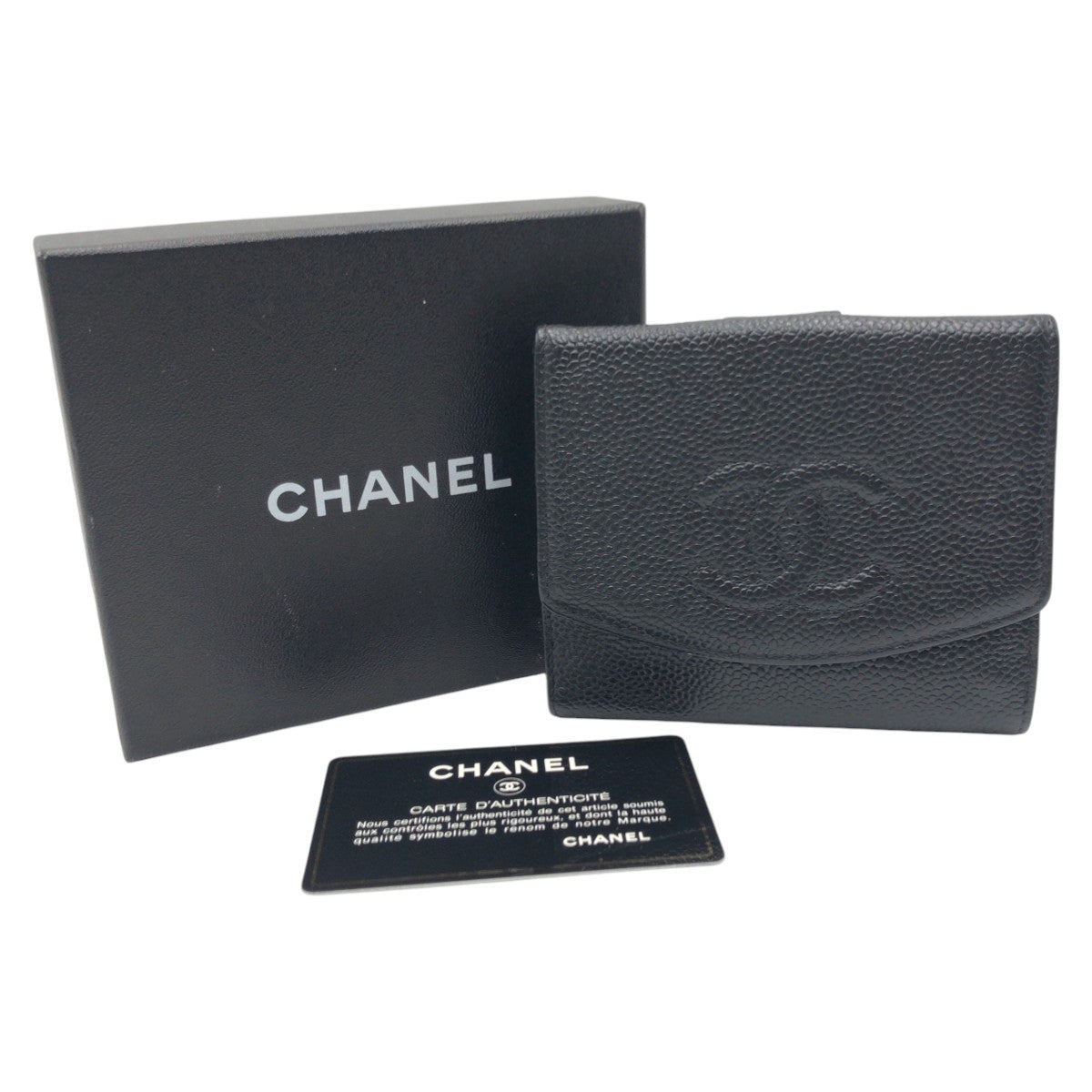 15663
CHANEL シャネル ココマーク ブラック キャビアスキン 二つ折り財布 折財布 コンパクトウォレット レディース