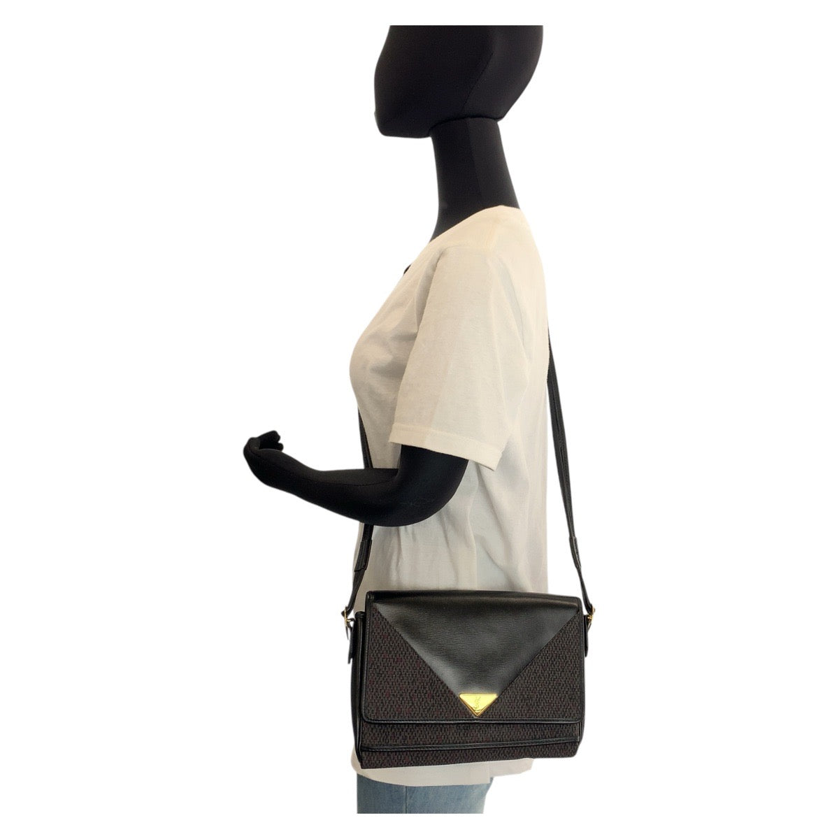 15761
YVES SAINT LAURENT イヴ サンローラン YSL ブラック 黒 グレー ゴールド金具 キャンバス / レザー ショルダーバッグ ポシェット レディース