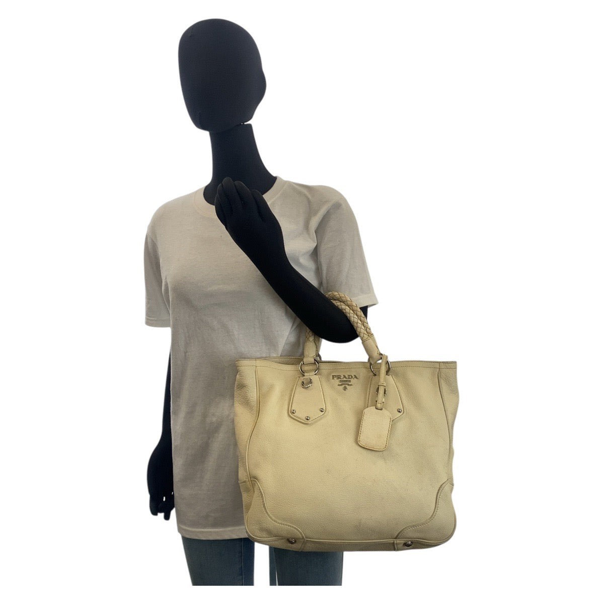 15856
PRADA プラダ アイボリー クリーム シルバー金具 レザー ハンドバッグ ショルダーバッグ 2way レディース