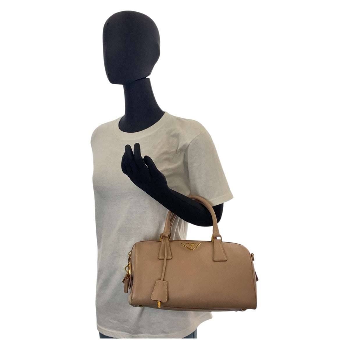 15862
PRADA プラダ サフィアーノ 三角ロゴプレート ピンク ベージュ ゴールド金具 レザー ハンドバッグ ショルダーバッグ 2way レディース