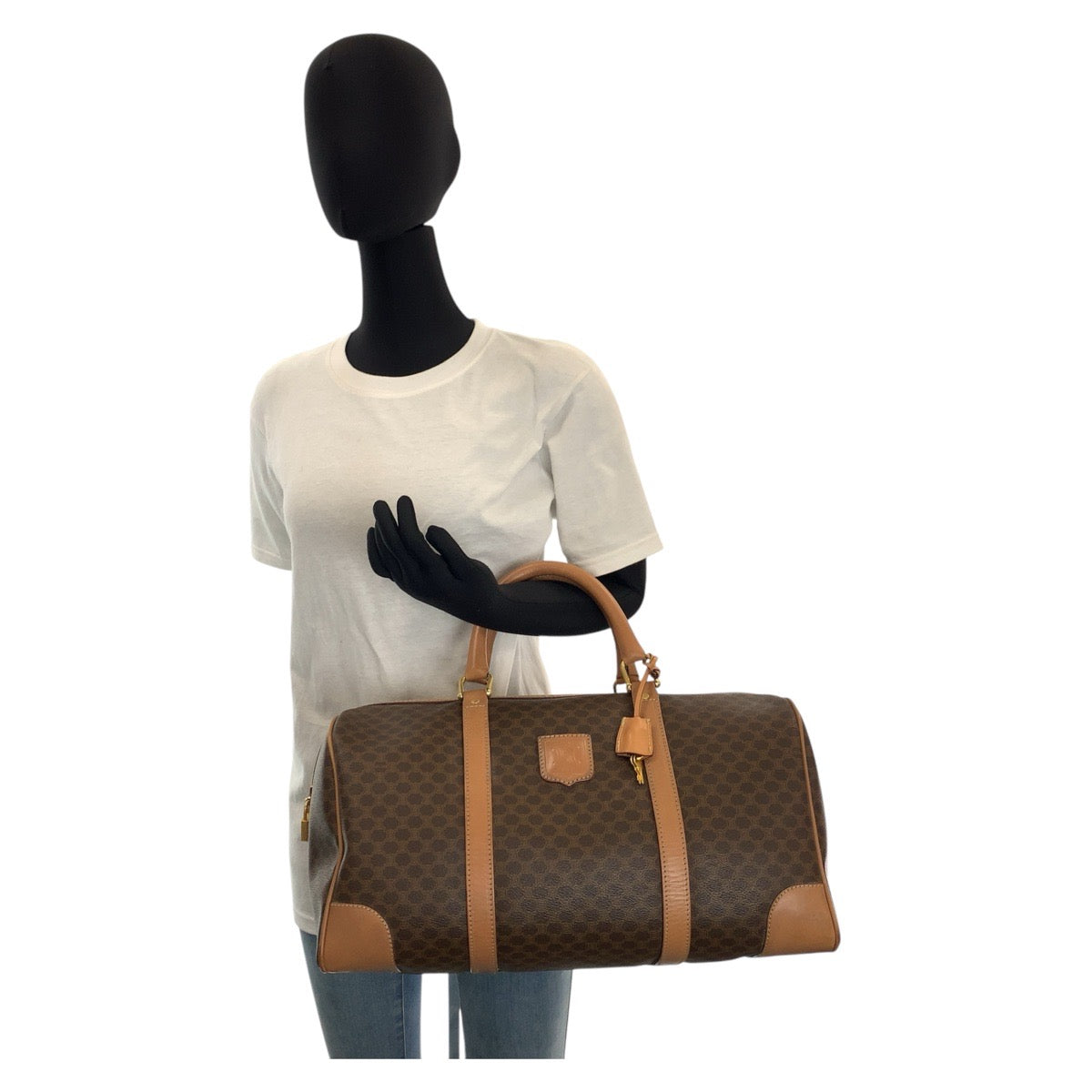 15885
CELINE セリーヌ マカダム ブラウン ゴールド金具 PVC / レザー ボストンバッグ 旅行カバン レディース