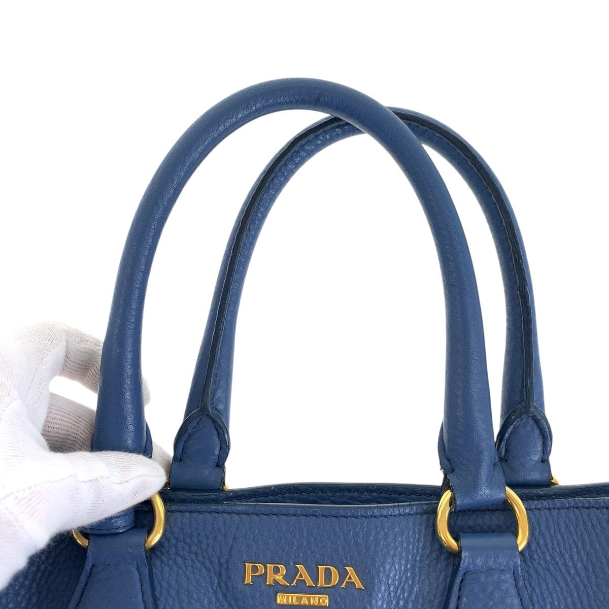 15890
PRADA プラダ ヴィッテロダイノ 三角ロゴプレート ブルー ゴールド金具 レザー トートバッグ ハンドバッグ レディース