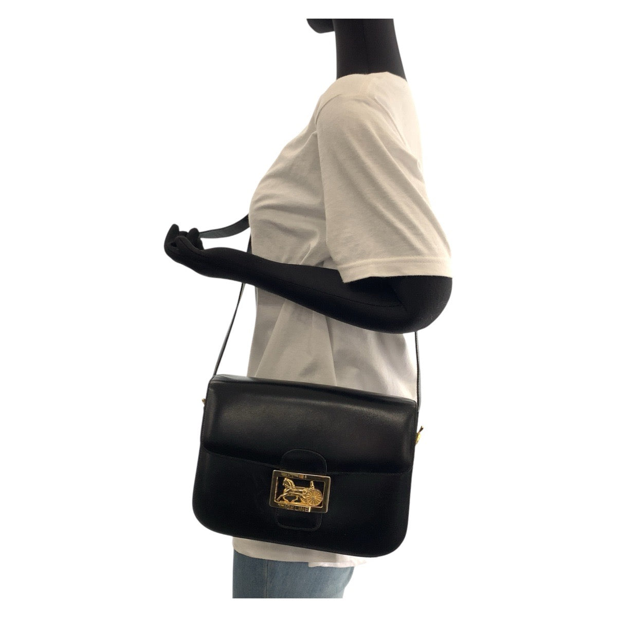 15960
CELINE セリーヌ ヴィンテージ ホースキャリッジ 馬車 ブラック 黒 ゴールド金具 レザー ショルダーバッグ ポシェット レディース