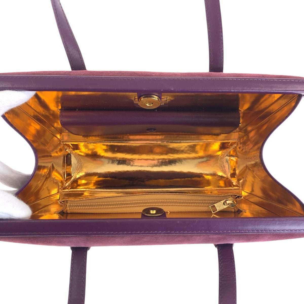 16018
LOEWE ロエベ アナグラム パープル ゴールド スウェード / レザー ハンドバッグ ショルダーバッグ レディース AB38