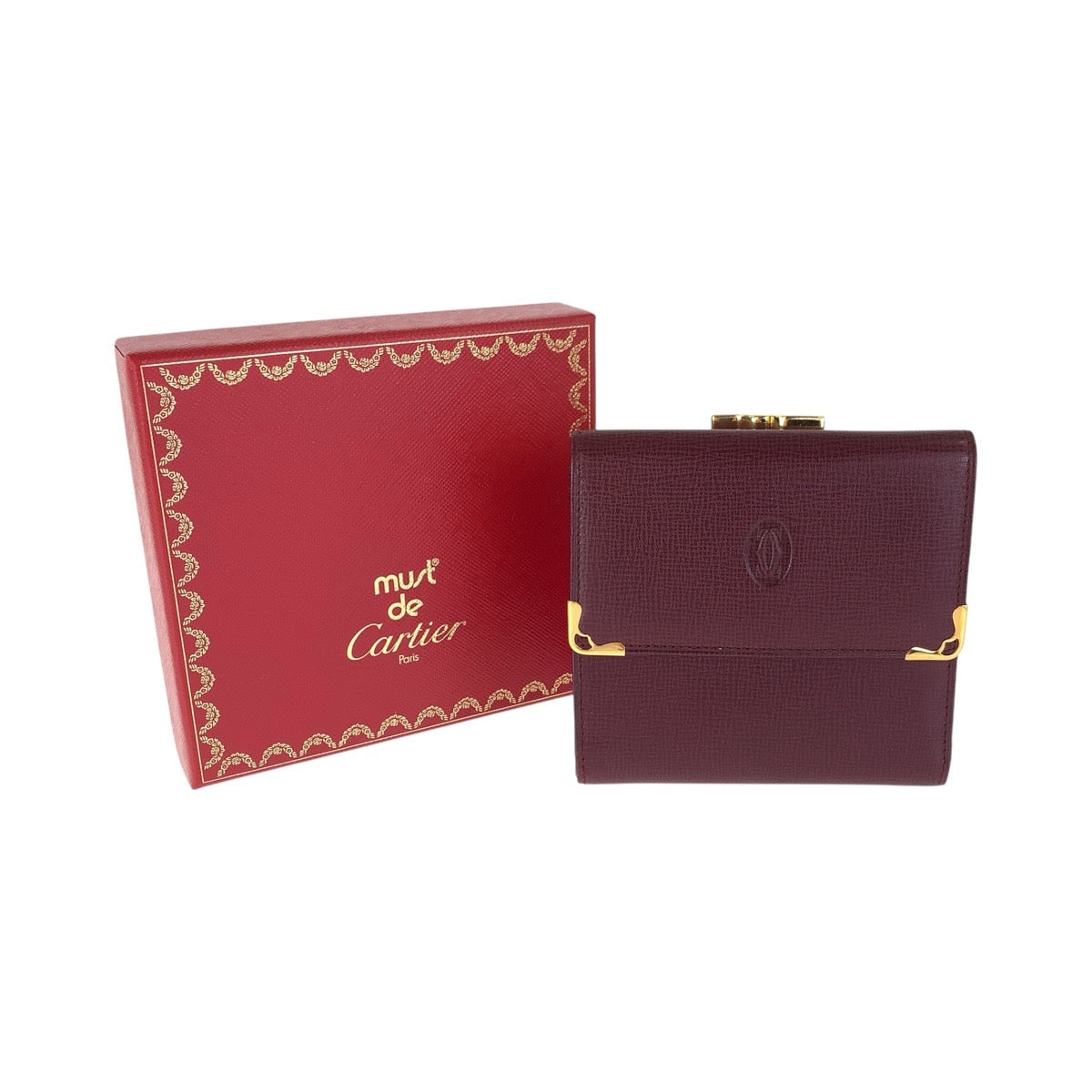 16726
CARTIER カルティエ マストライン ワインレッド ボルドー ゴールド金具 レザー 折財布 コンパクトウォレット 男女兼用 レディース A34