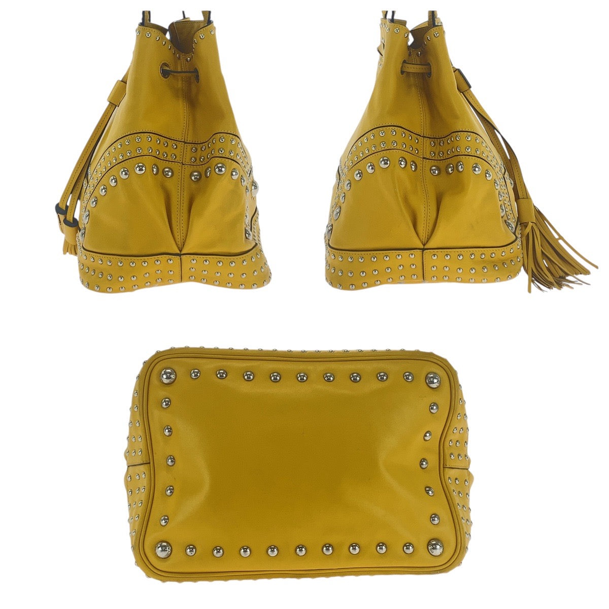 17037
PRADA プラダ 三角ロゴプレート イエロー シルバー金具 レザー ショルダーバッグ 巾着 タッセル スタッズ レディース AB78