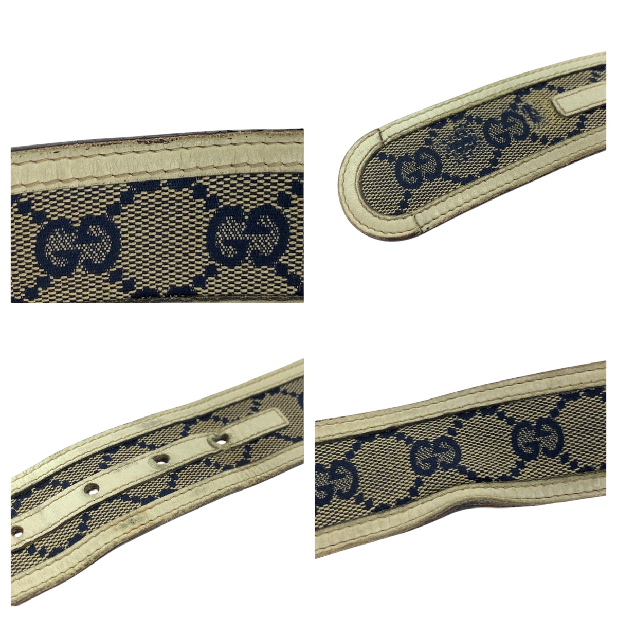 17039
GUCCI グッチ インターロッキング 84cm/34inc ベージュ ネイビー アイボリー ゴールド金具 GGキャンバス 114876 ベルト バックル メンズ