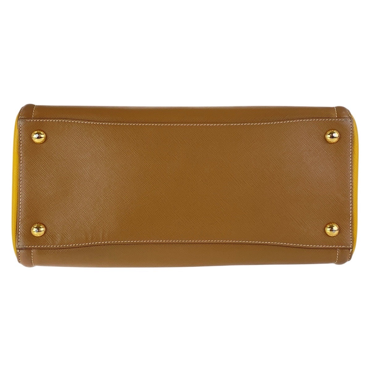 17047
PRADA プラダ サフィアーノ 三角ロゴプレート バイカラー ブラウン イエロー ゴールド金具 レザー トートバッグ ショルダーバッグ 2WAY レディース AB78