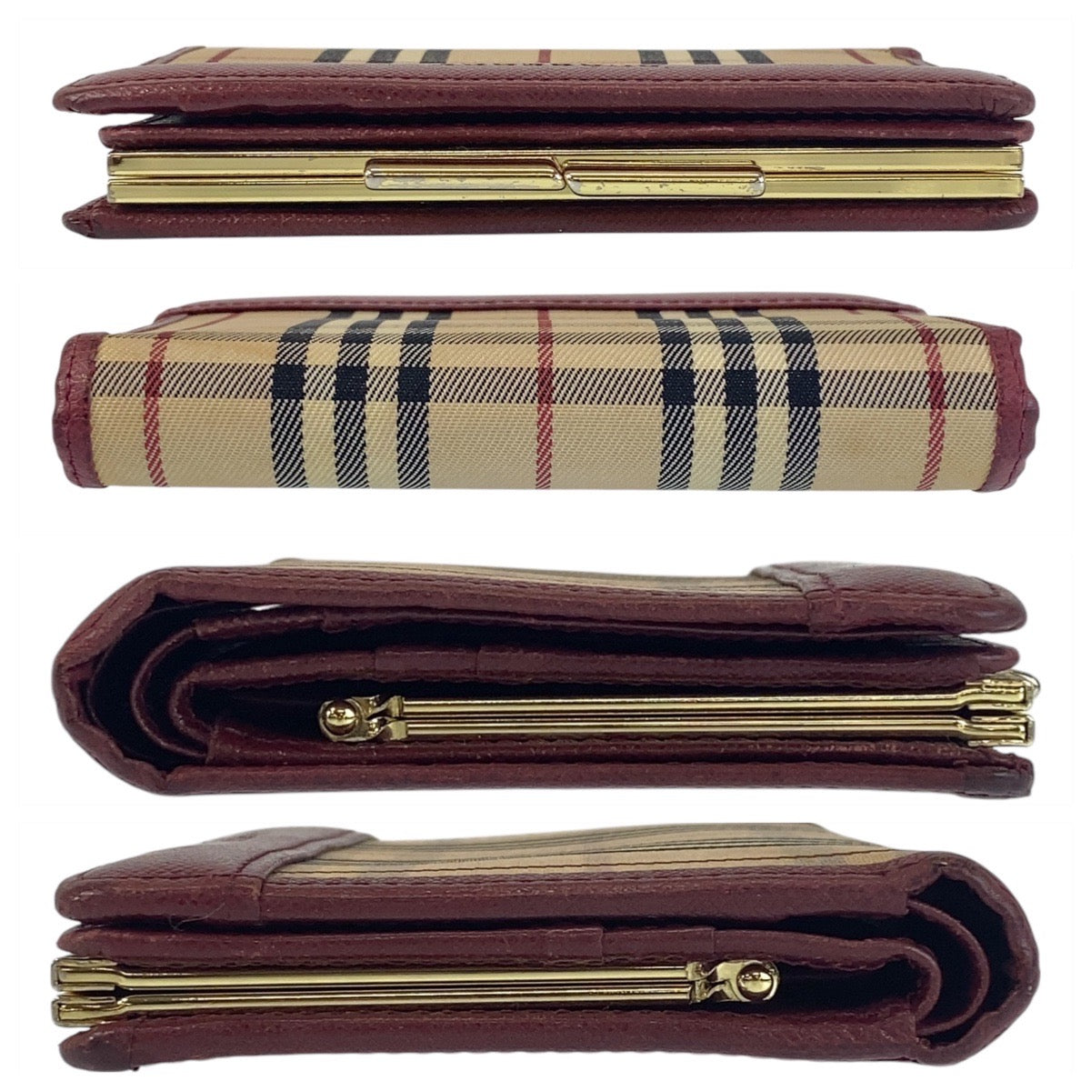 17207
BURBERRY バーバリー チェック柄 ベージュ ボルドー ゴールド金具 キャンバス / レザー 折財布 コンパクトウォレット レディース