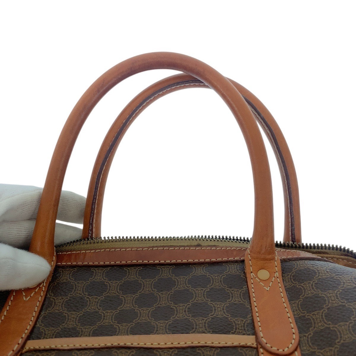 17226
CELINE セリーヌ ヴィンテージ マカダム ブラウン ゴールド金具 PVC / レザー ハンドバッグ ミニボストンバッグ レディース AB33