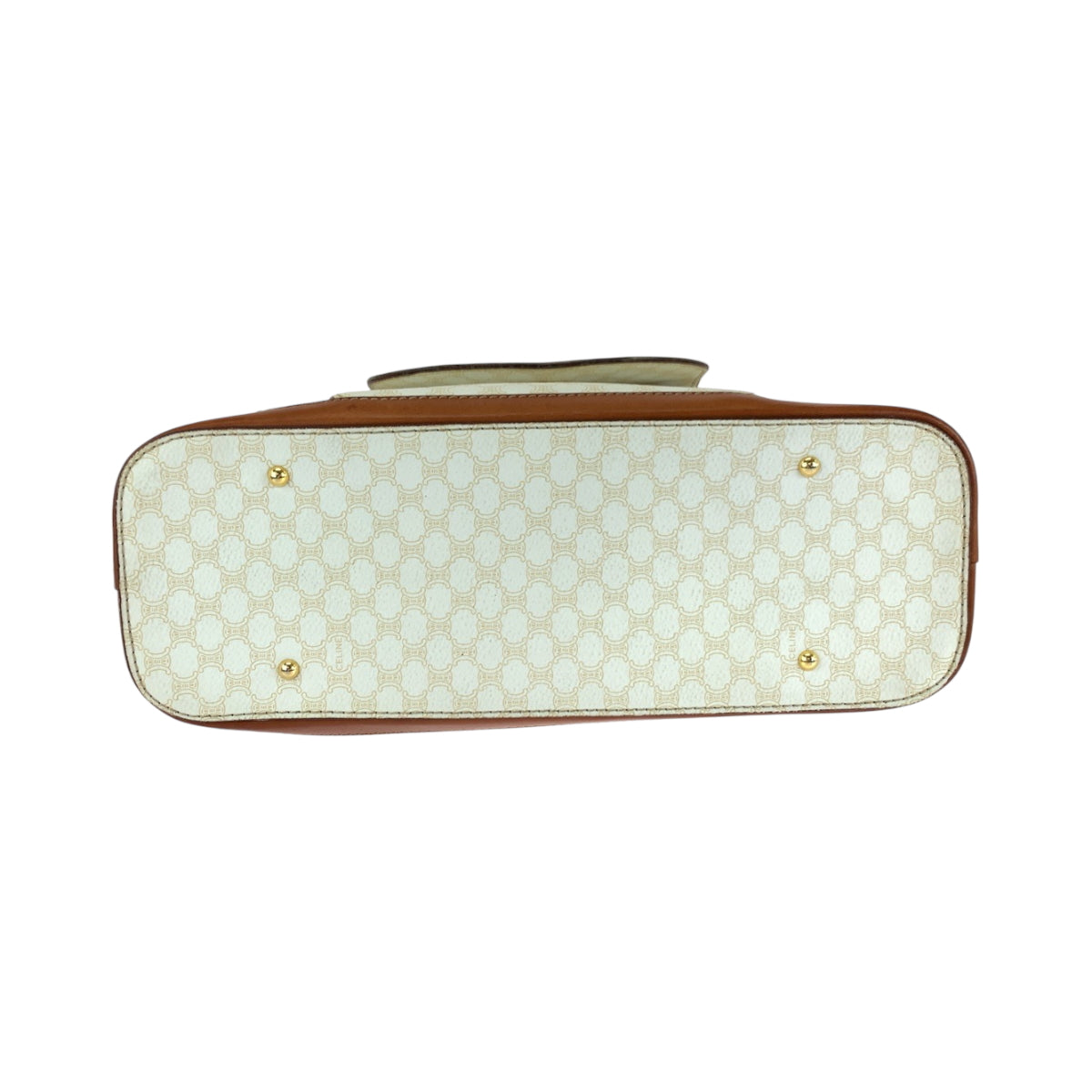 17258
CELINE セリーヌ ヴィンテージ マカダム ホワイト ブラウン ゴールド金具 PVC ハンドバッグ ミニボストンバッグ レディース ABP34