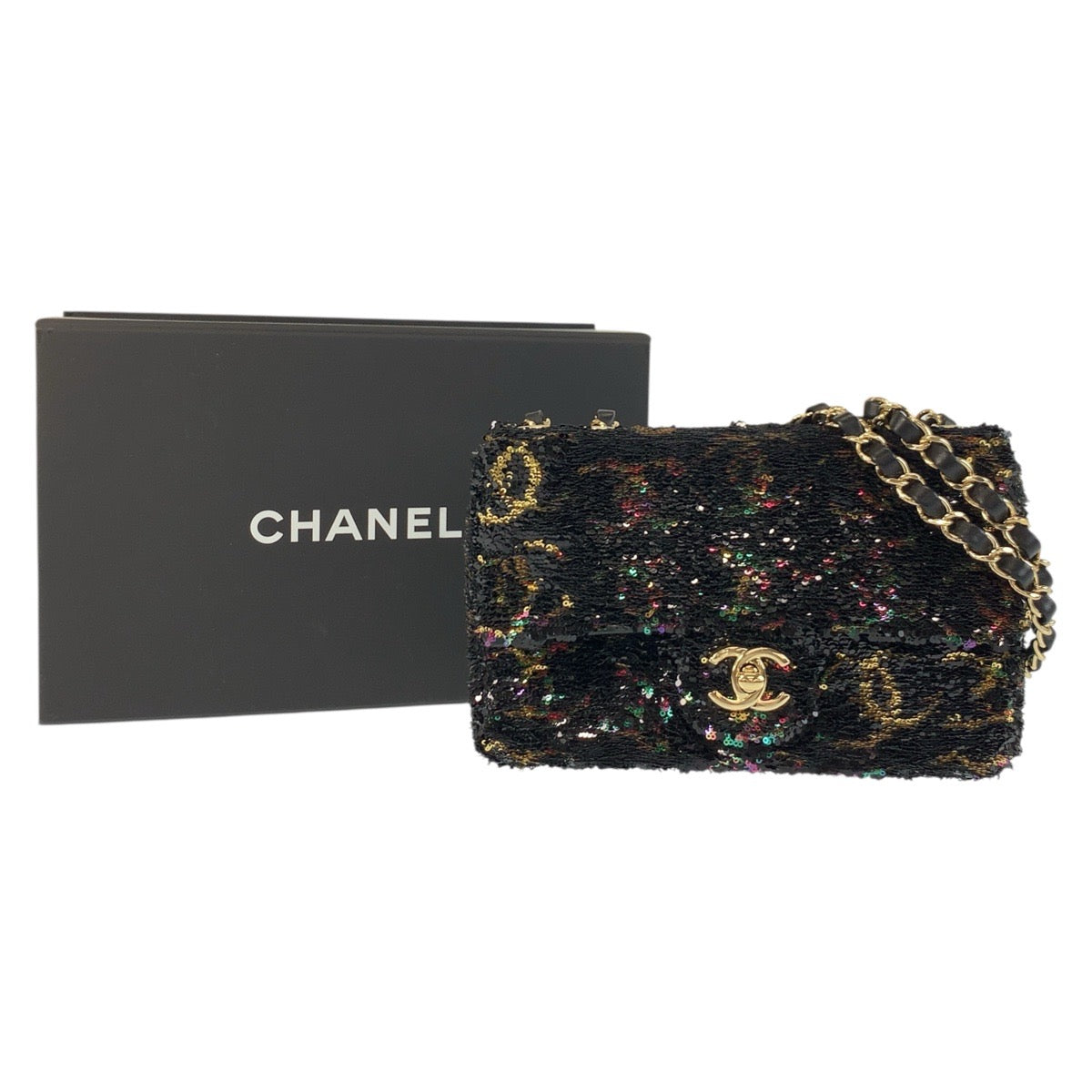 17757
CHANEL シャネル ココマーク ターンロック スパンコール ブラック 黒 マルチカラー ゴールド金具 ラムスキン チェーンショルダーバッグ レディース S648