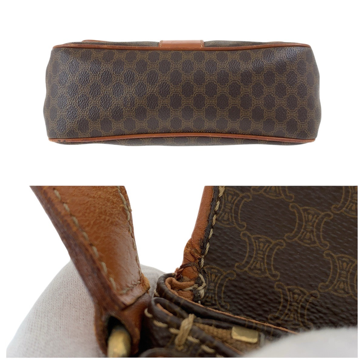 17812
CELINE セリーヌ ヴィンテージ マカダム サークルロゴ ブラウン ゴールド金具 PVC / レザー ショルダーバッグ ポシェット レディース AB46