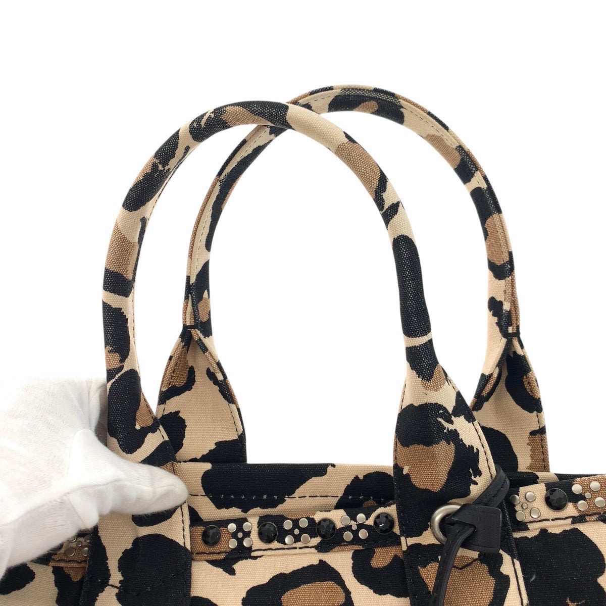 17861
MARC BY MARC JACOBS マークバイマークジェイコブス レオパード スタッズ ブラウン ブラック シルバー金具 キャンバス / レザー トートバッグ ショルダーバッグ レディース ABP19