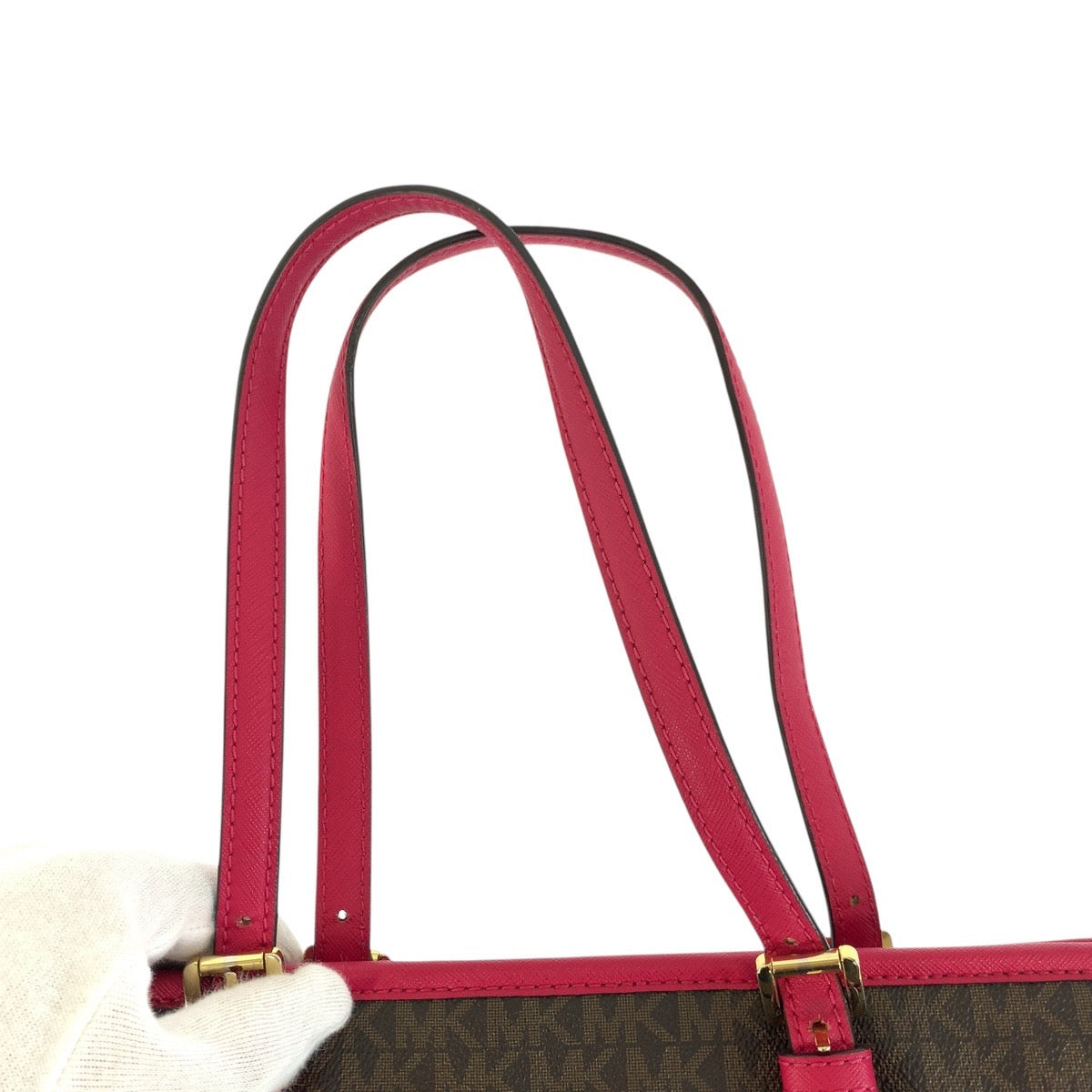 17866
Michael Kors マイケルコース ブラウン ピンク ゴールド金具 PVC / レザー トートバッグ ハンドバッグ レディース ABP17