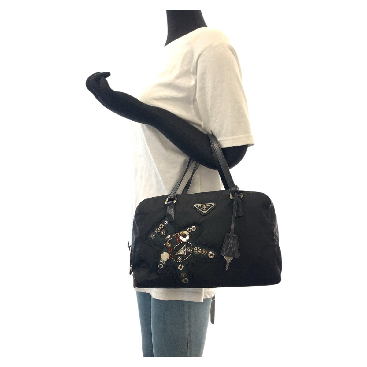17890
PRADA プラダ テスート イヴニングベア ビジュー ブラック 黒 シルバー金具 ナイロン / レザー ハンドバッグ トートバッグ ショルダーバッグ レディース AB