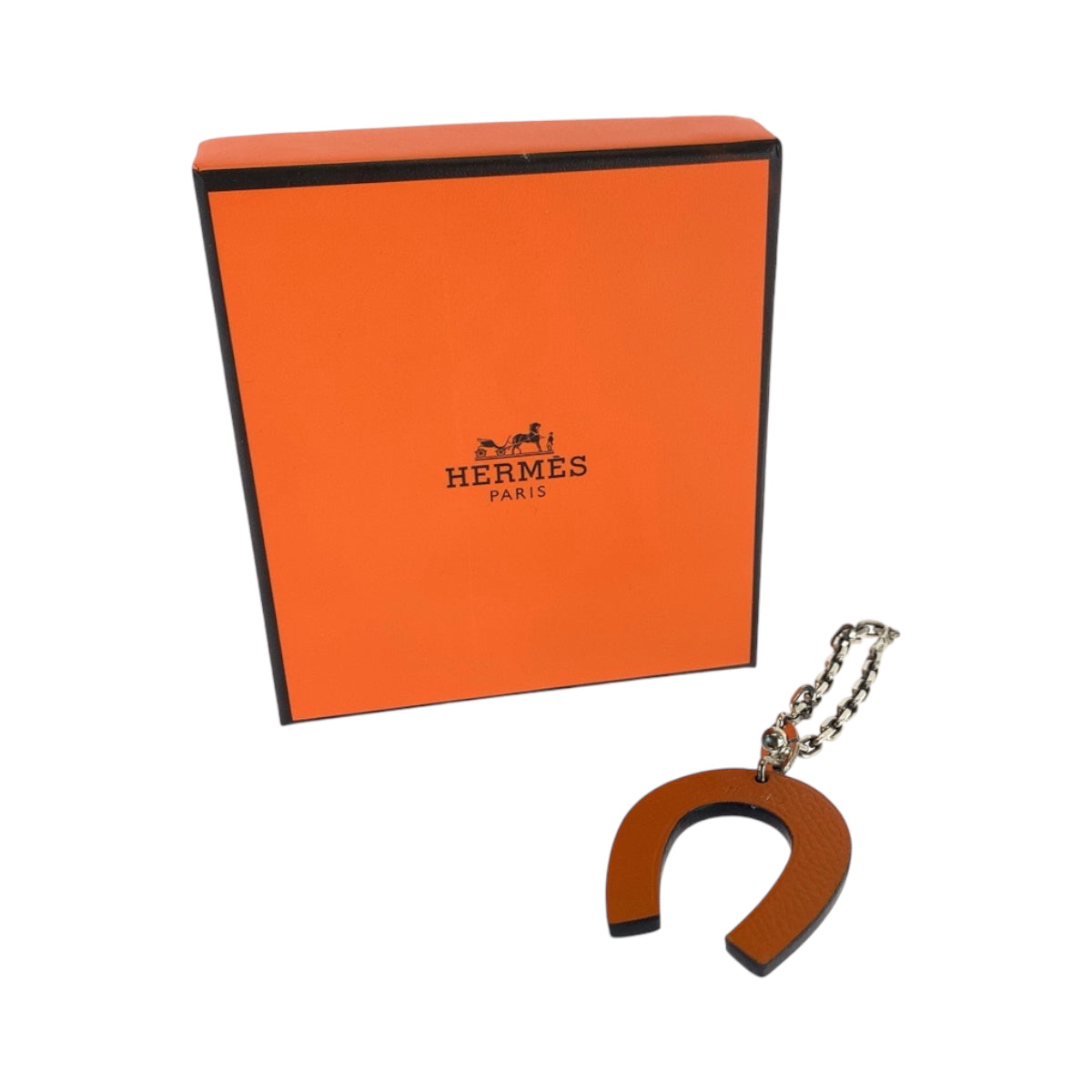 18041
HERMES エルメス 馬蹄 ホースシュー 男女兼用 オレンジ チャコール シルバー金具 レザー / シルバー925 バッグチャーム キーホルダー 925刻印 メンズ ABP40