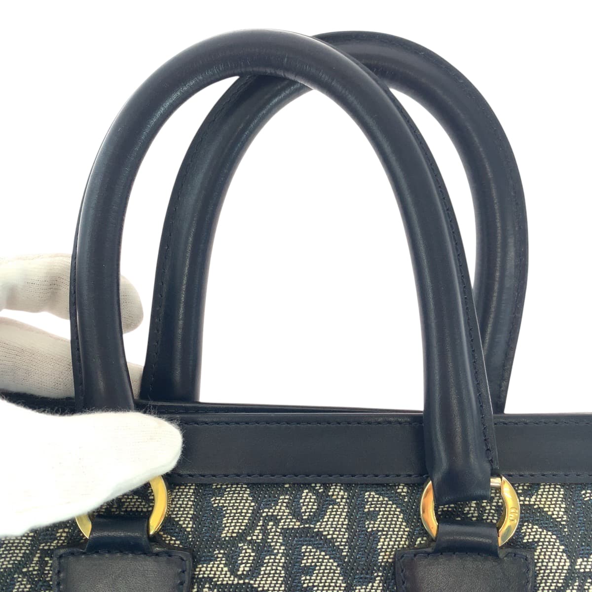 18050
Dior Vintage Trotter Navy Gold Hardware Canvas / Leather Tote Bag Handbag for Women A85