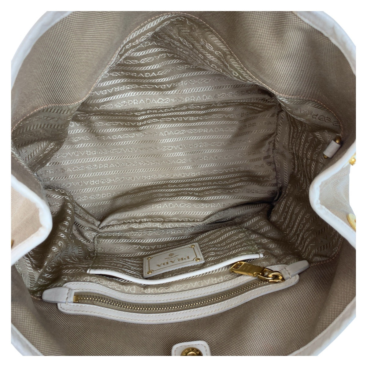 18159
PRADA プラダ ロゴジャガード ベージュ ゴールド金具 キャンバス / レザー トートバッグ ショルダーバッグ 2way レディース AB43