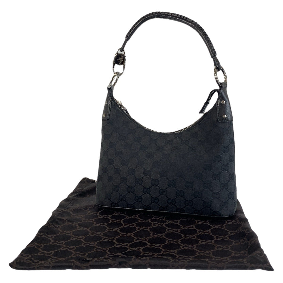 18164
GUCCI グッチ ブラック 黒 シルバー金具 GGキャンバス / レザー 115002 ホーボー ショルダーバッグ ハンドバッグ レディース A46