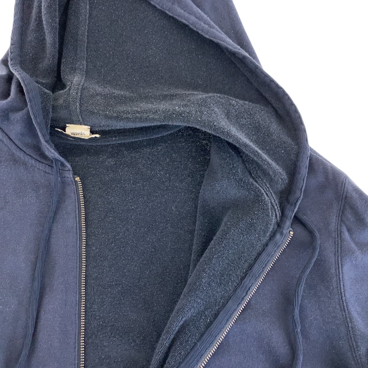 18543
HERMES エルメス サイズ38 ネイビー シルバー金具 コットン / シルク ジップアップ パーカー 男女兼用 レディース AB38