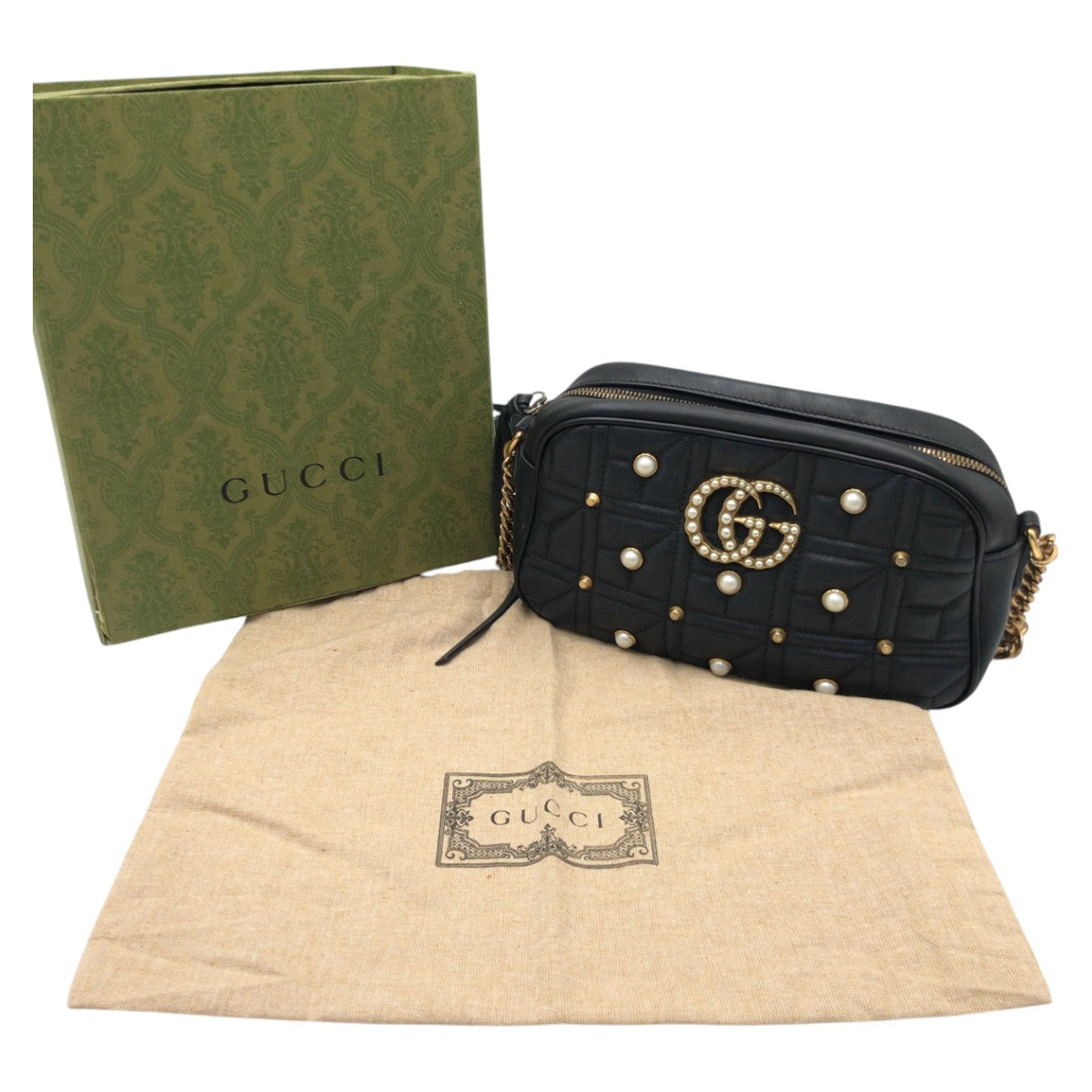 18654
GUCCI グッチ GGマーモント キルティング ブラック 黒 ゴールド金具 レザー 447632 ショルダーバッグ ポシェット レディース ABP100