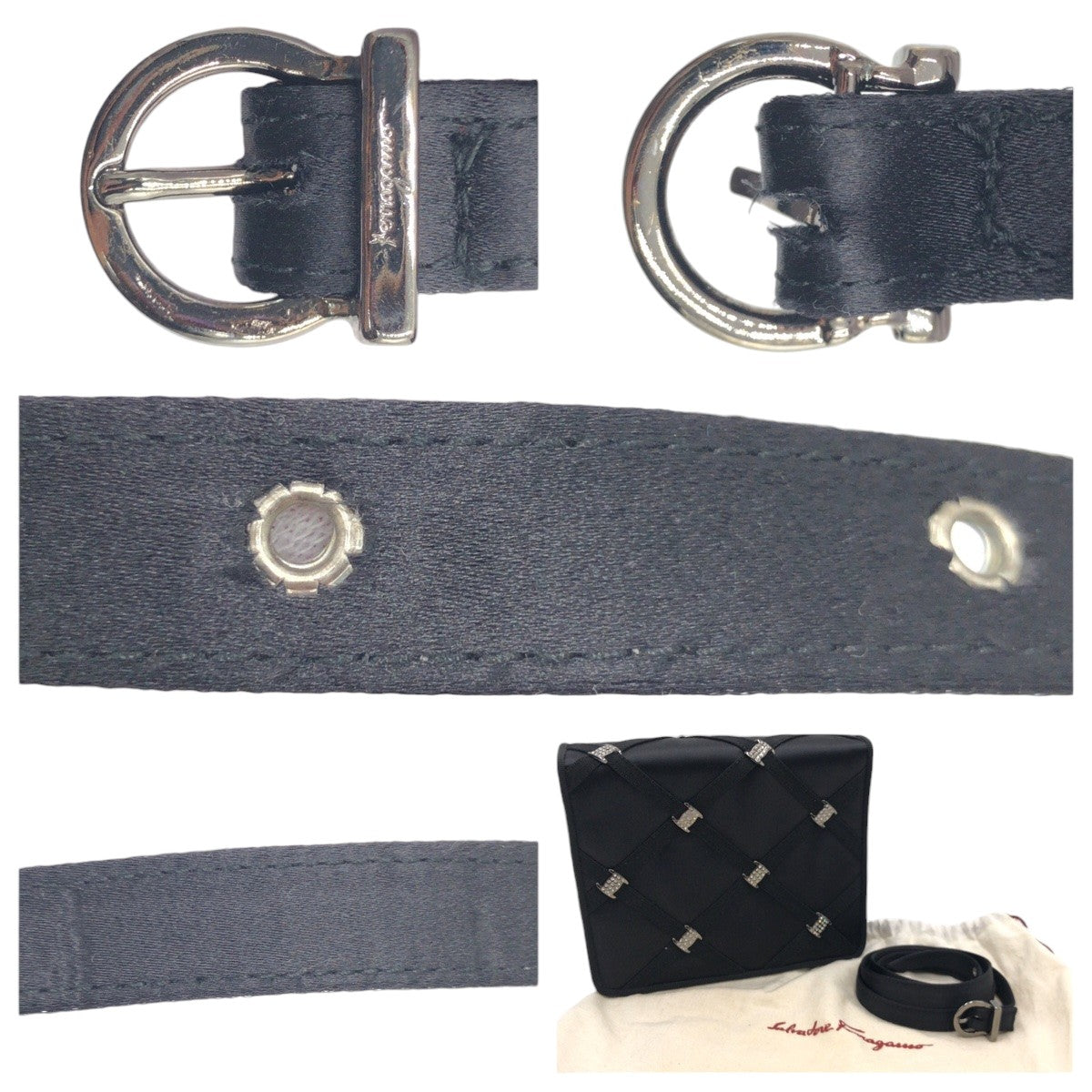 18786
Salvatore Ferragamo Vara Rhinestone Black Silver Hardware Satin Crossbody Shoulder Bag Pochette Ladies ABP40