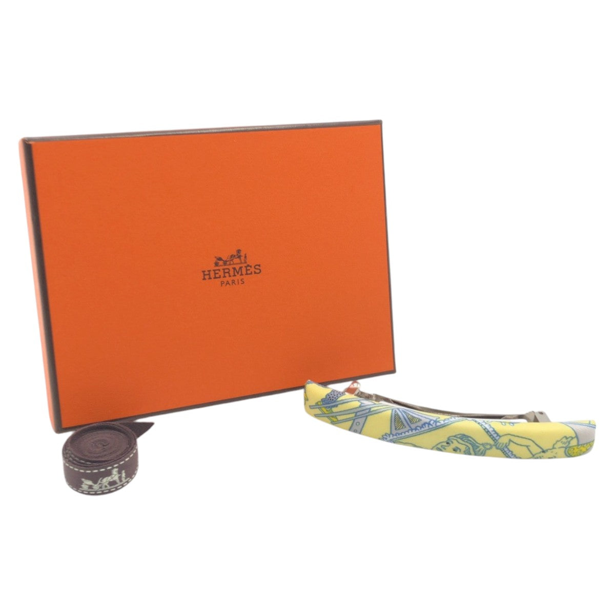 18932
HERMES エルメス イエロー 水色 シルバー金具 シルク バレッタ ヘアアクセサリー レディース SA