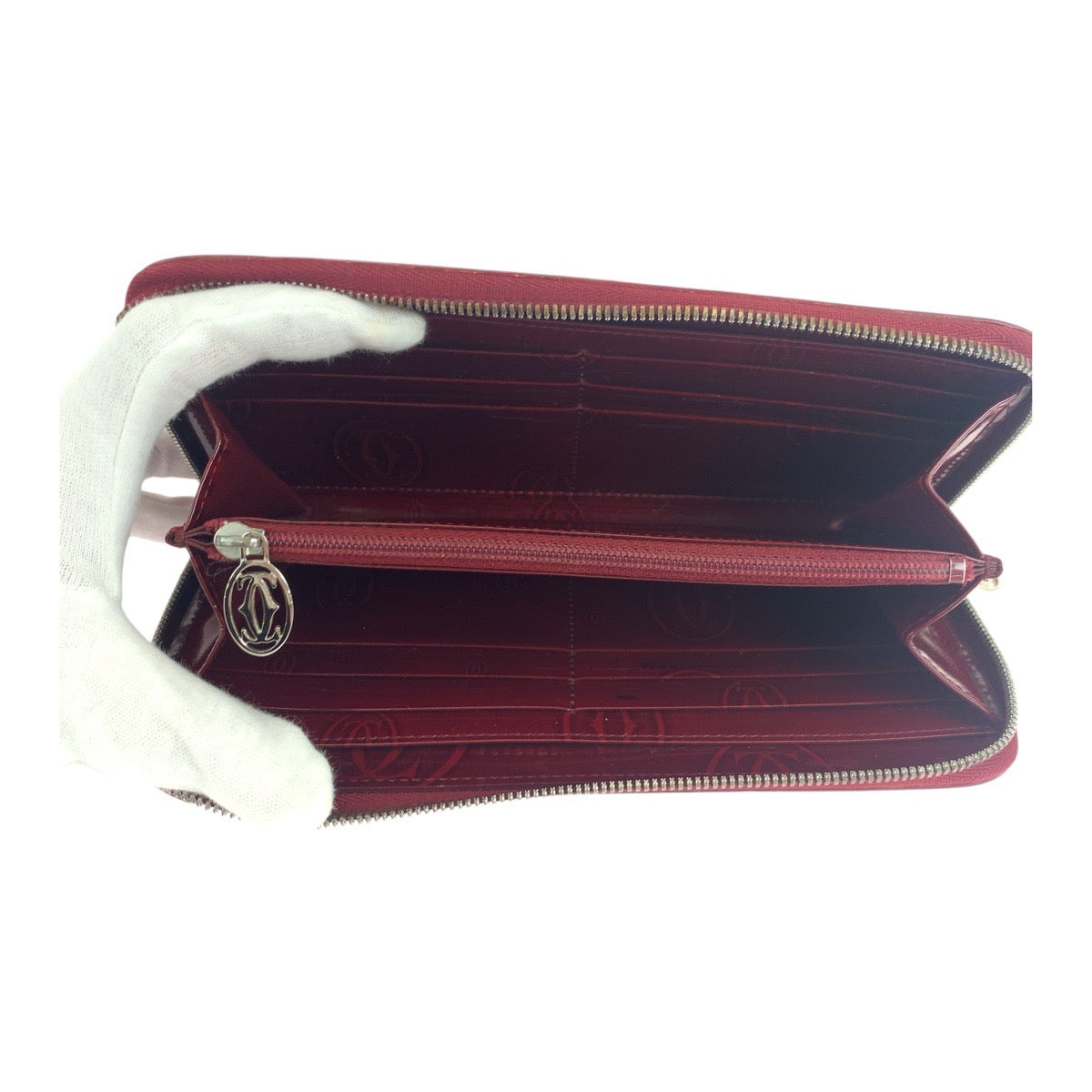 19503
CARTIER カルティエ ハッピーバースデー ボルドー シルバー金具 パテントレザー 長財布 ラウンドファスナー レディース ABP13