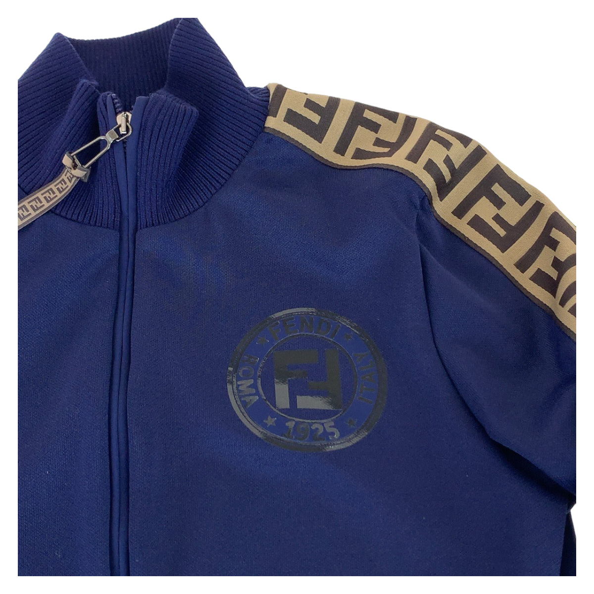 19654
FENDI フェンディ ズッカ柄 サイドライン サイズ36 ネイビー ブラウン シルバー金具 ポリエステル FAF069 ADH8 トラックジャケット ジャージ レディース A