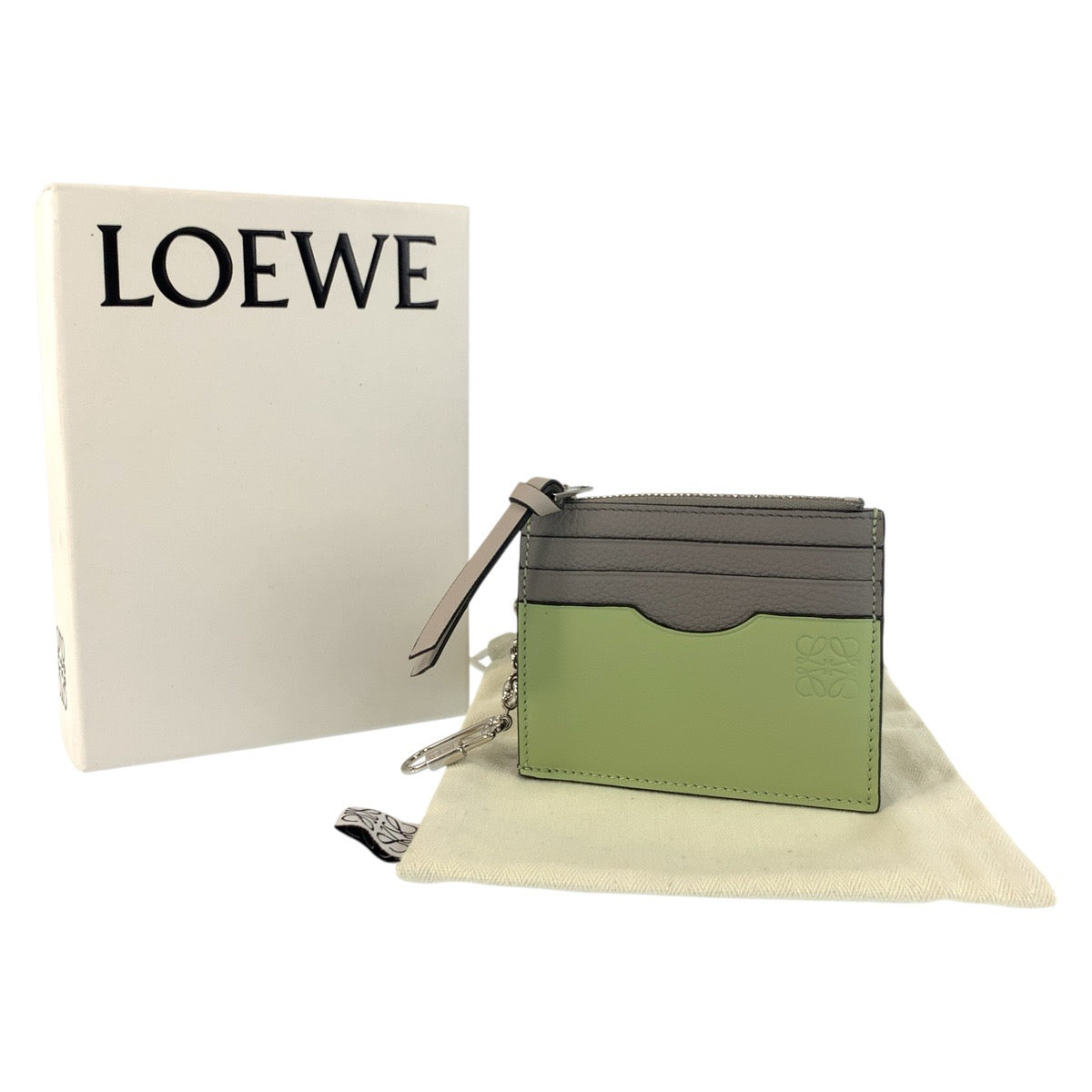 19685
LOEWE ロエベ アナグラム グリーン グレー シルバー金具 レザー キーカードケース コインケース レディース SA34