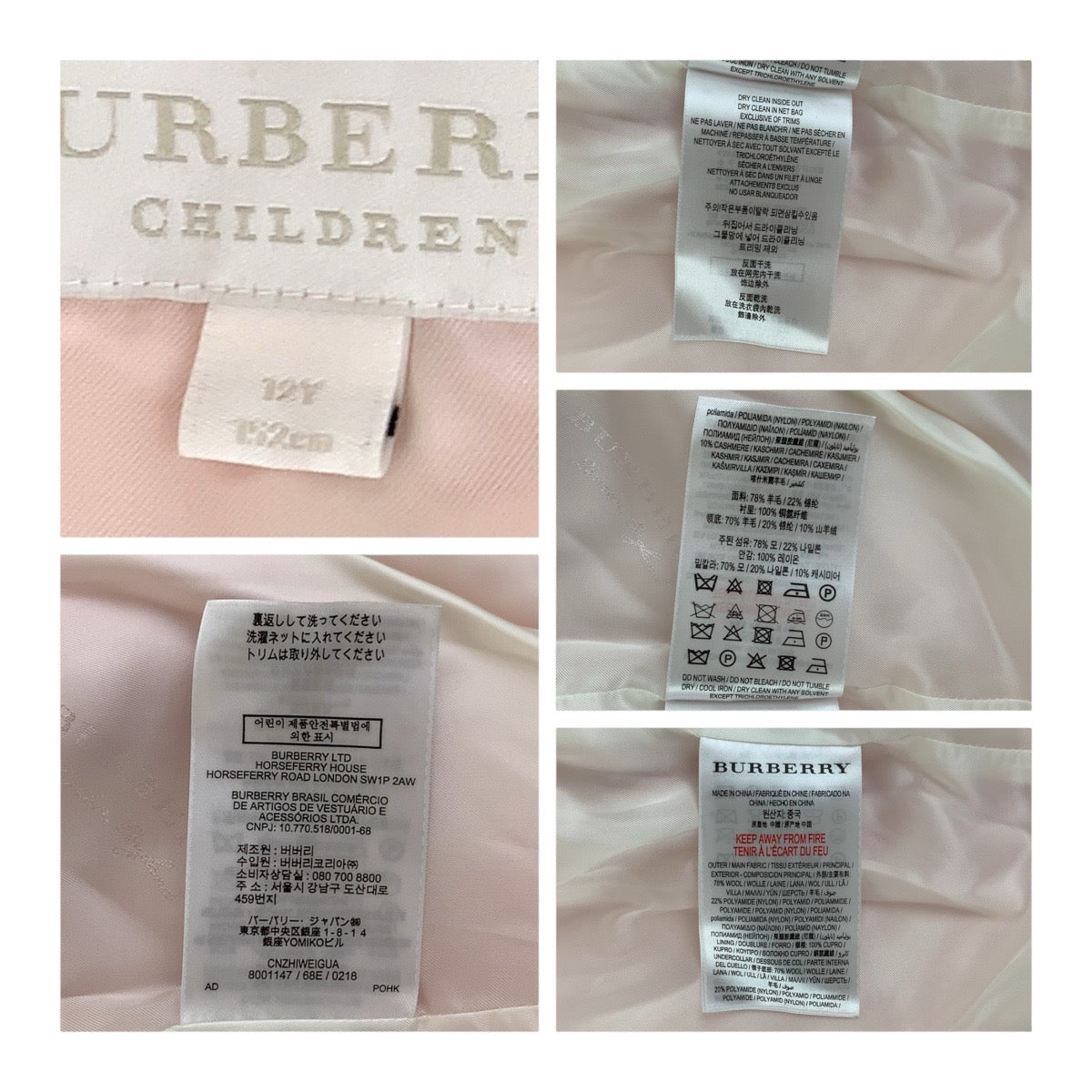 20192
BURBERRY 12Y/152cm Pink Wool Overcoat Double Breasted Kids ABP16