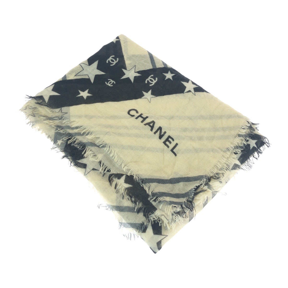 20592
CHANEL シャネル ココマーク オフホワイト ブラック カシミヤ 大判 ストール ショール レディース ABP35