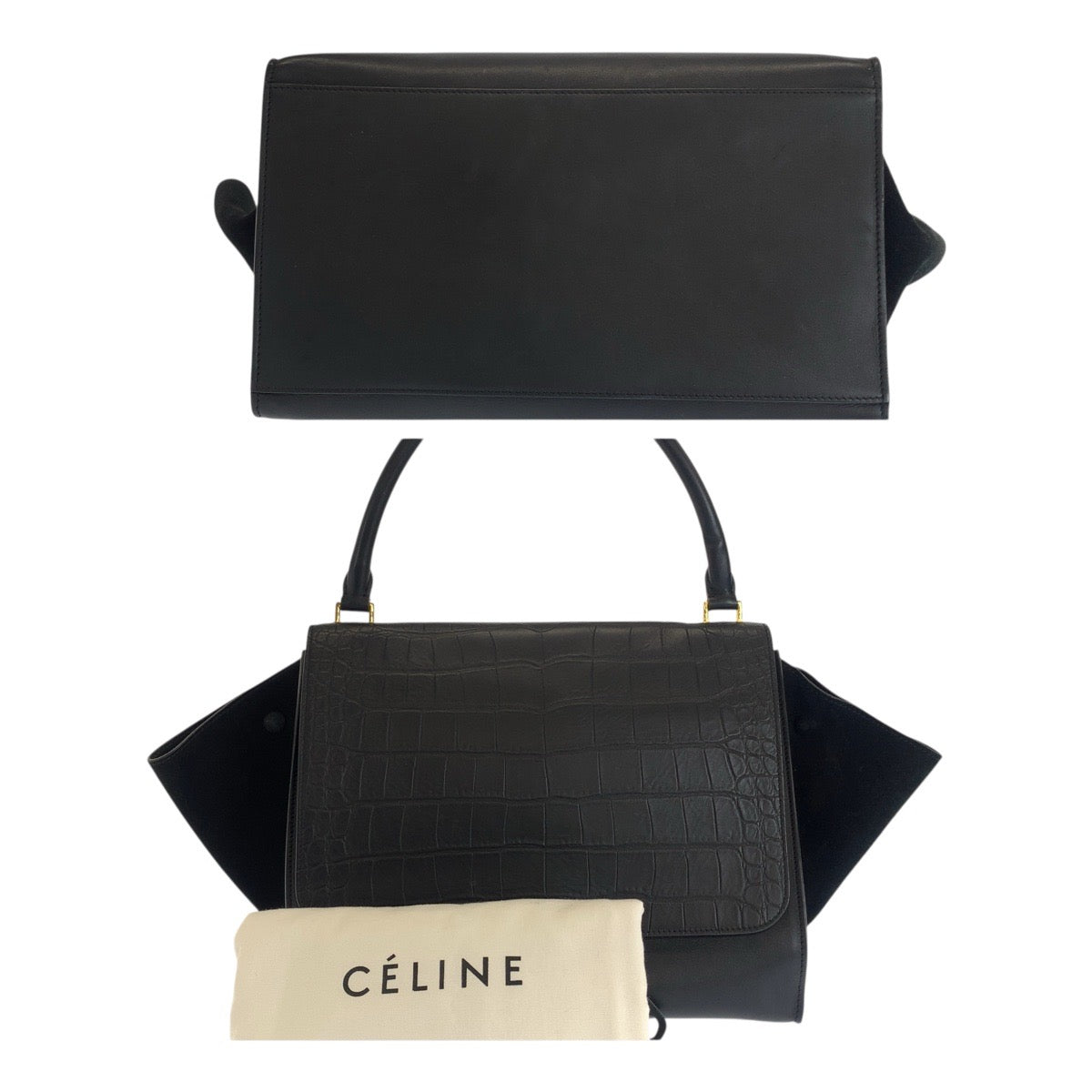 20686
CELINE セリーヌ トラペーズ 型押し ブラック 黒 ゴールド金具 レザー ショルダーバッグ ハンドバッグ レディース ABP54