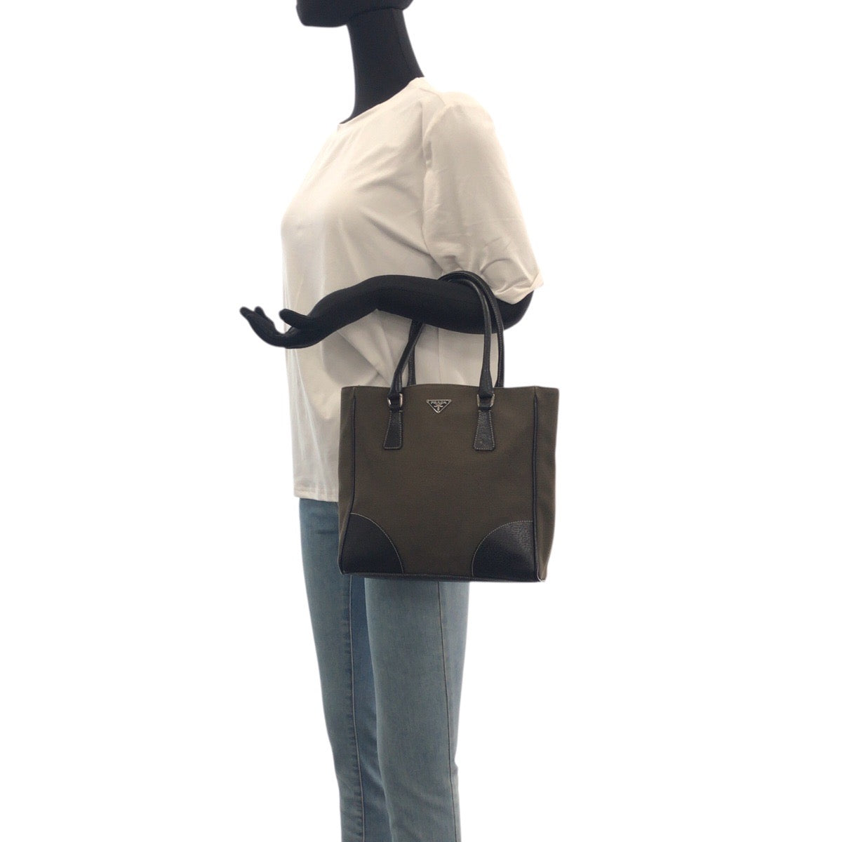 20809
PRADA Triangle Logo Plate Khaki Black Silver Hardware Canvas / Leather Tote Bag Handbag Ladies ABP28