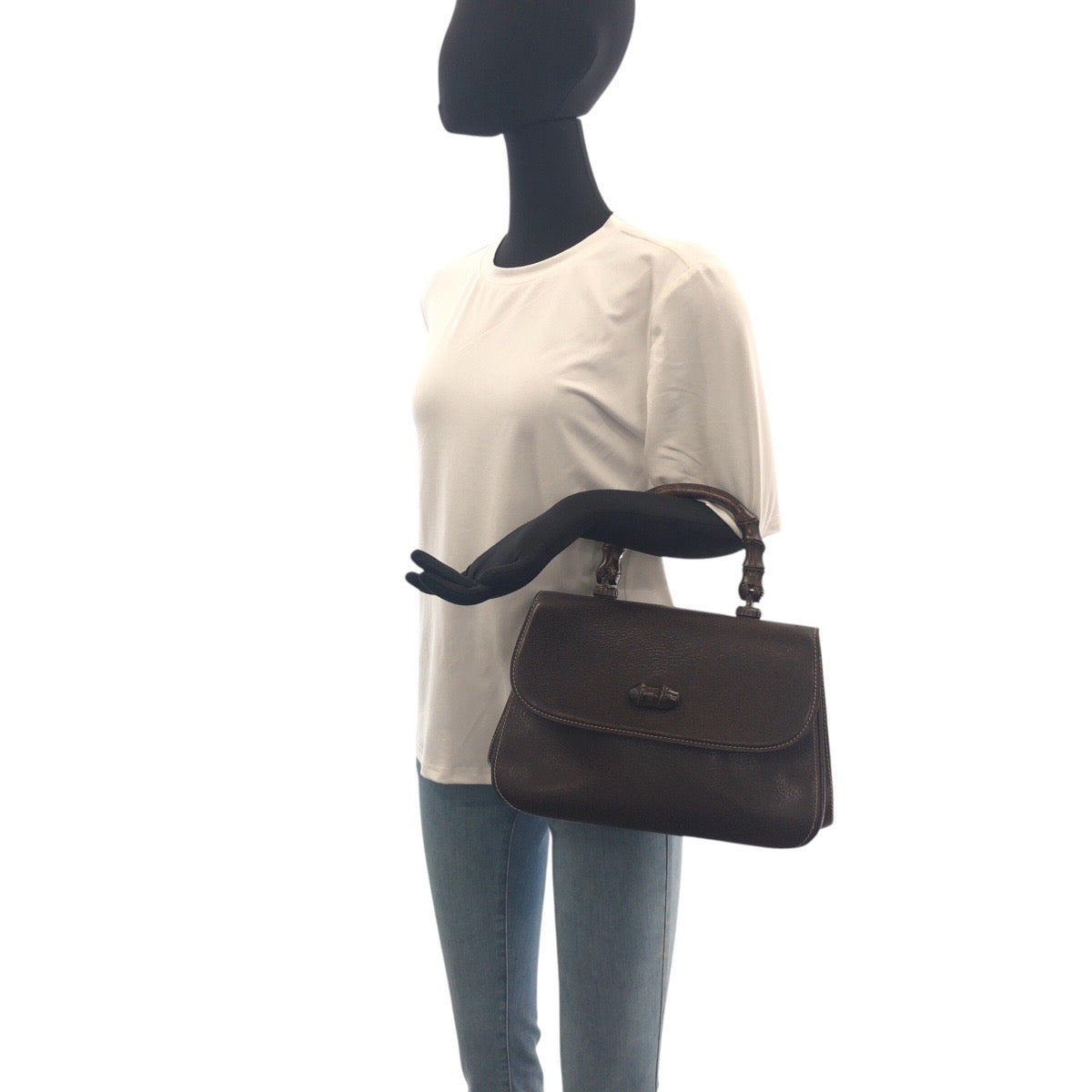 20883
GUCCI Vintage Old Gucci Bamboo Brown Gold Hardware Leather 000 406 0147 Handbag Women's AB42