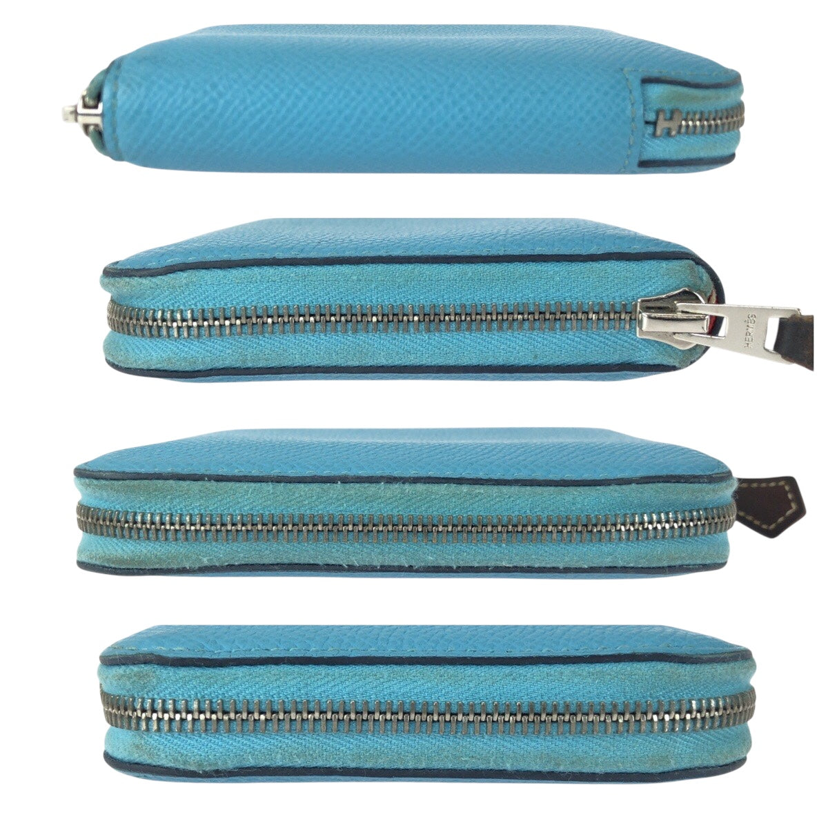 21019
HERMES エルメス アザップ コンパクト シルクイン ブルー シルバー金具 レザー / シルク 折財布 コインケース 小銭入れ D刻印 レディース AB38