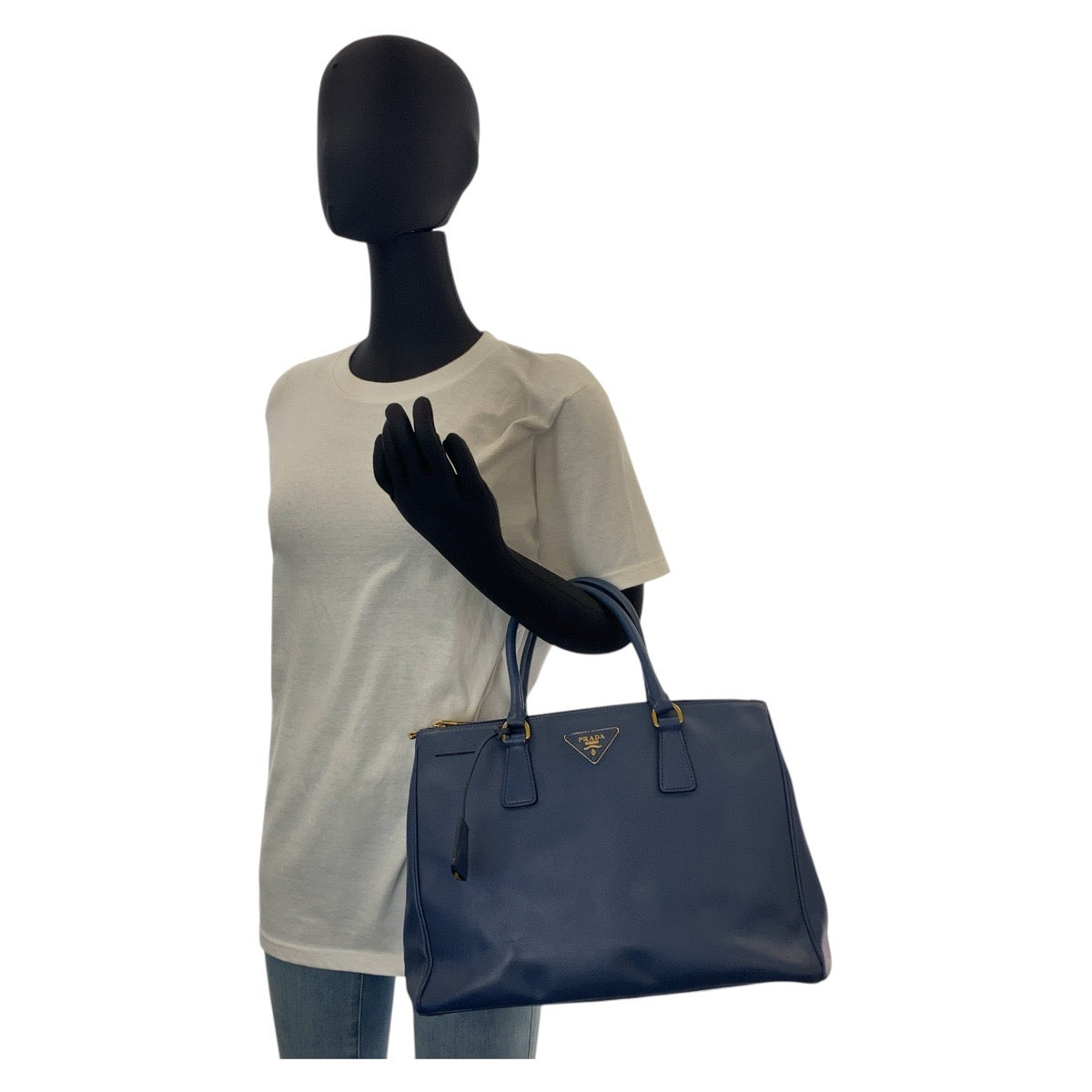 21093
PRADA プラダ サフィアーノ ガレリア 三角ロゴプレート ブルー ゴールド金具 レザー ハンドバッグ ショルダーバッグ 2way レディース ABP56