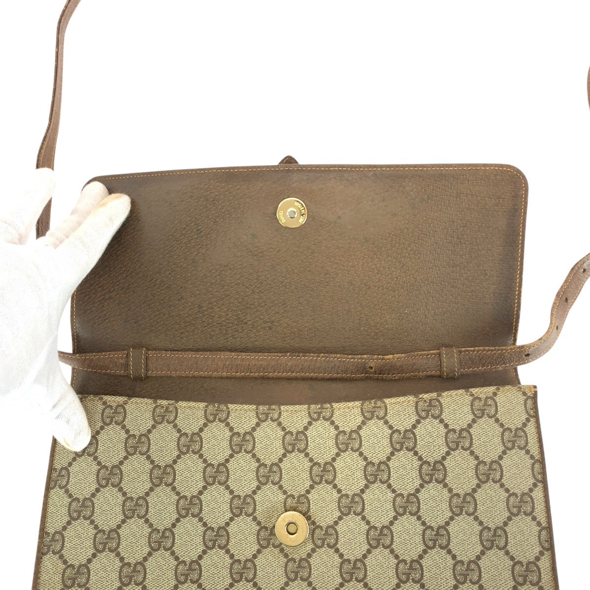21679
GUCCI Vintage Old Gucci Brown Gold Hardware GG Supreme Canvas / Leather 94 02 050 Shoulder Bag Pochette Women's AB23