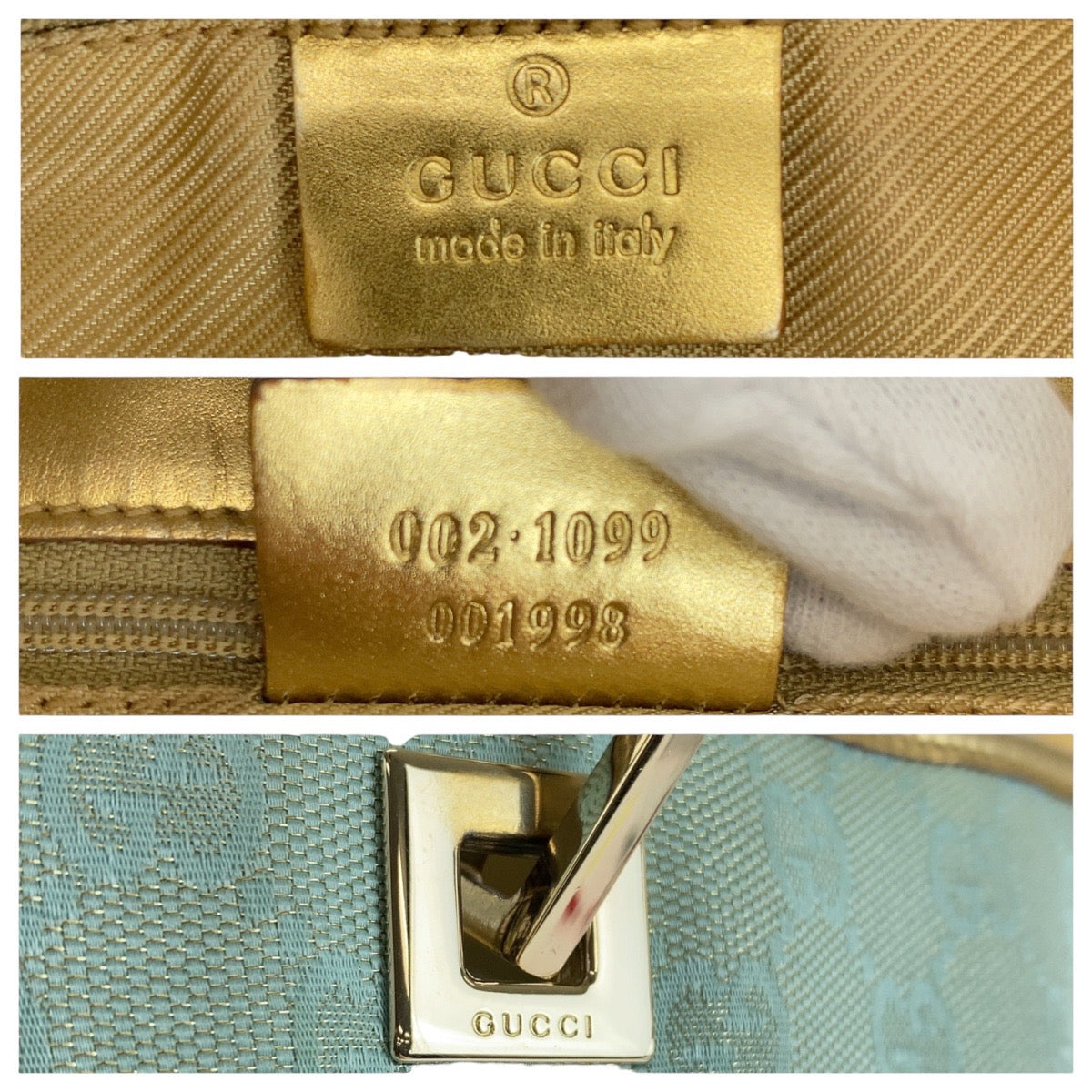 21717
GUCCI Emerald Green Gold Hardware GG Canvas / Leather 002 1099 Tote Bag Handbag Women's AB