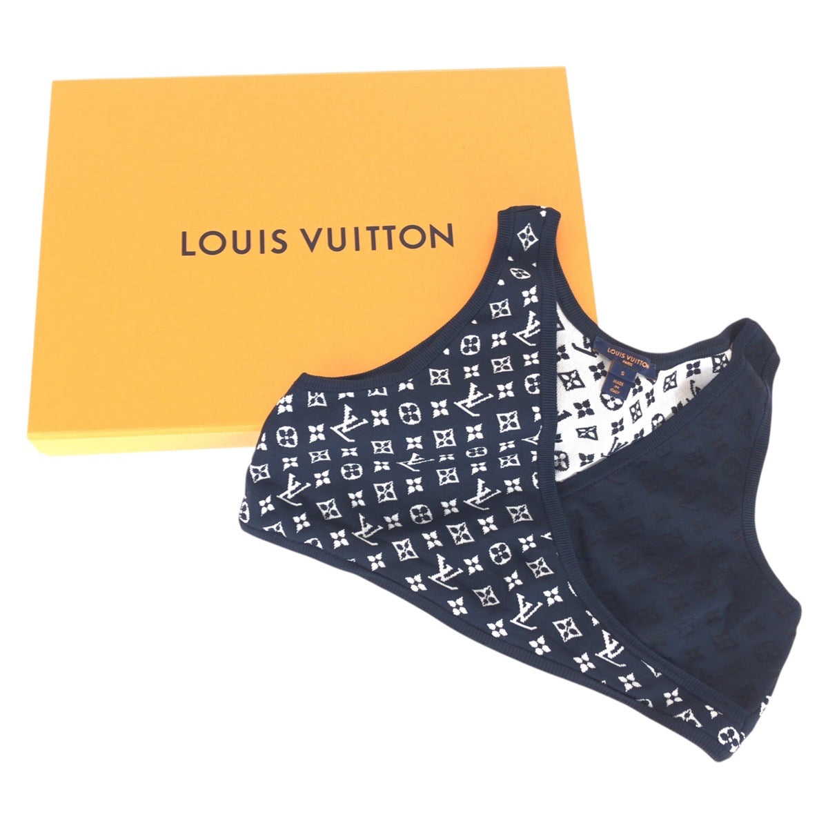21907
LOUIS VUITTON ルイヴィトン 25SS モノグラム ジャカードニット クロップトップ サイズS 定価188,100円 ネイビー ホワイト シルク / ナイロン 1A1740 トップス ニット レディース A70