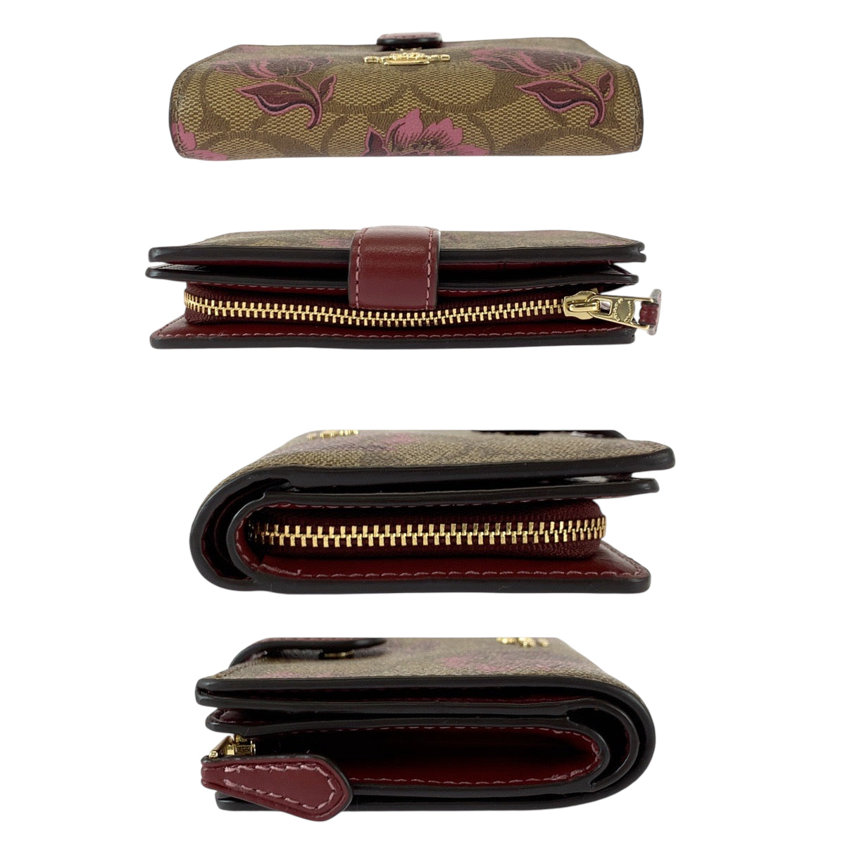 22057
COACH コーチ シグネチャー 花柄 ブラウン ボルドー ゴールド金具 レザー 折り財布 コンパクトウォレット レディース A5