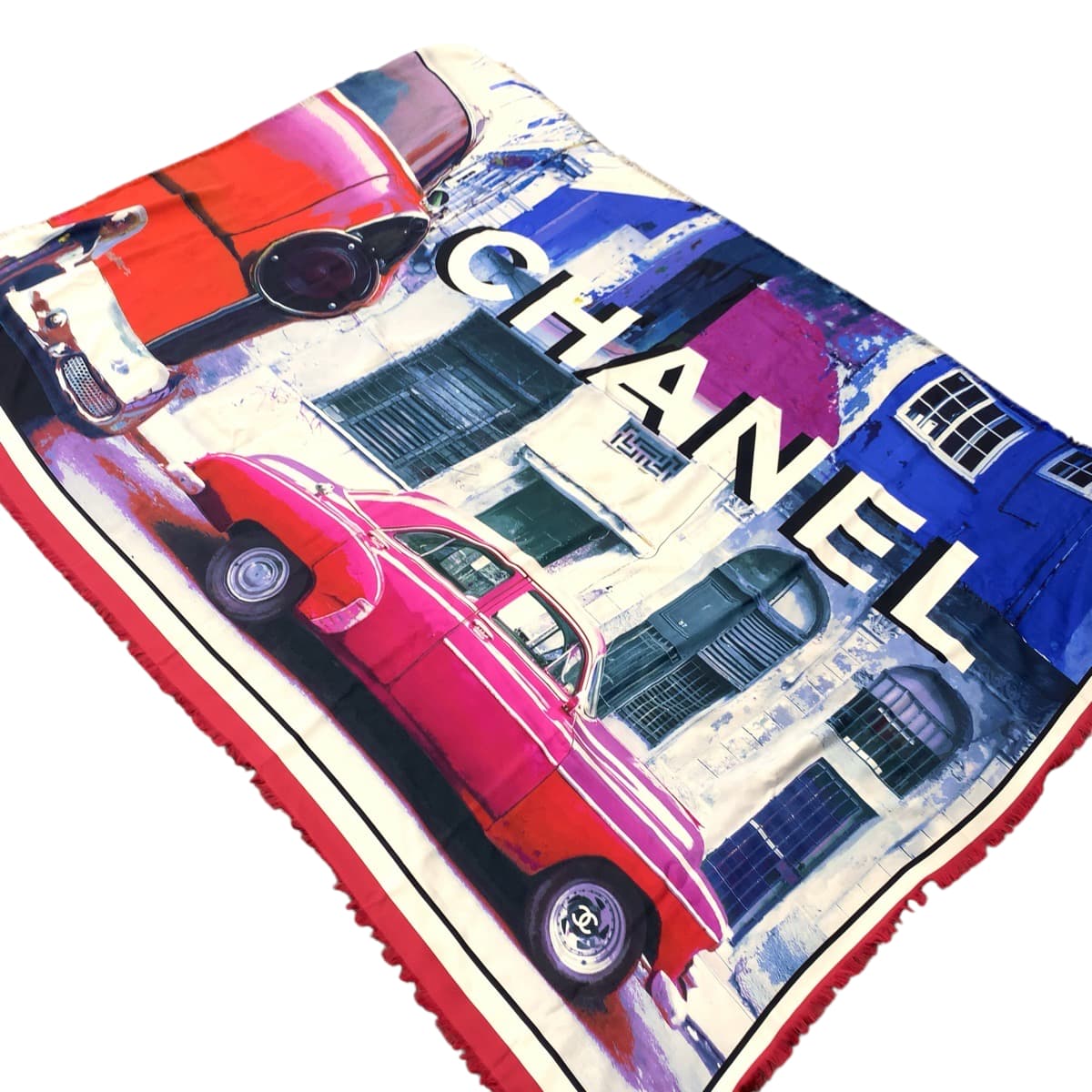 22088
CHANEL シャネル 大判 車 ブルー ホワイト レッド シルク スカーフ ストール 男女兼用 レディース A74