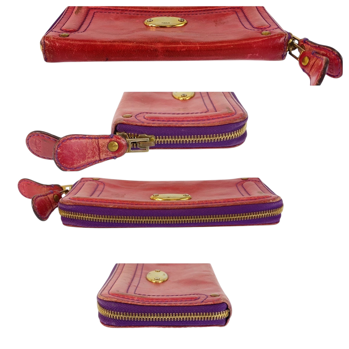 22276
Chloe Red Purple Gold Hardware Leather Long Wallet Round Zipper Ladies B3