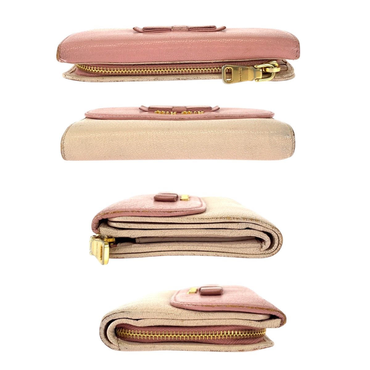 22363
MIUMIU Miu Miu Madras Ribbon Pink Gold Hardware Leather Folding Wallet Compact Wallet Women's AB3