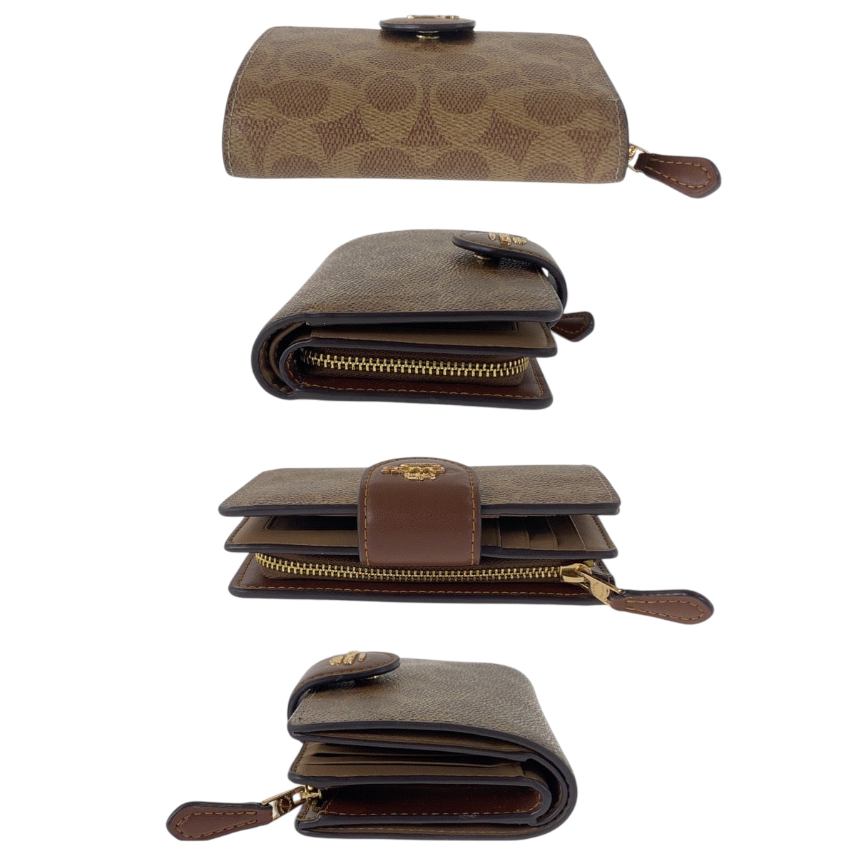 22440
COACH Signature Beige Brown Gold Hardware PVC / Leather Bi-fold Compact Wallet Women's AB5