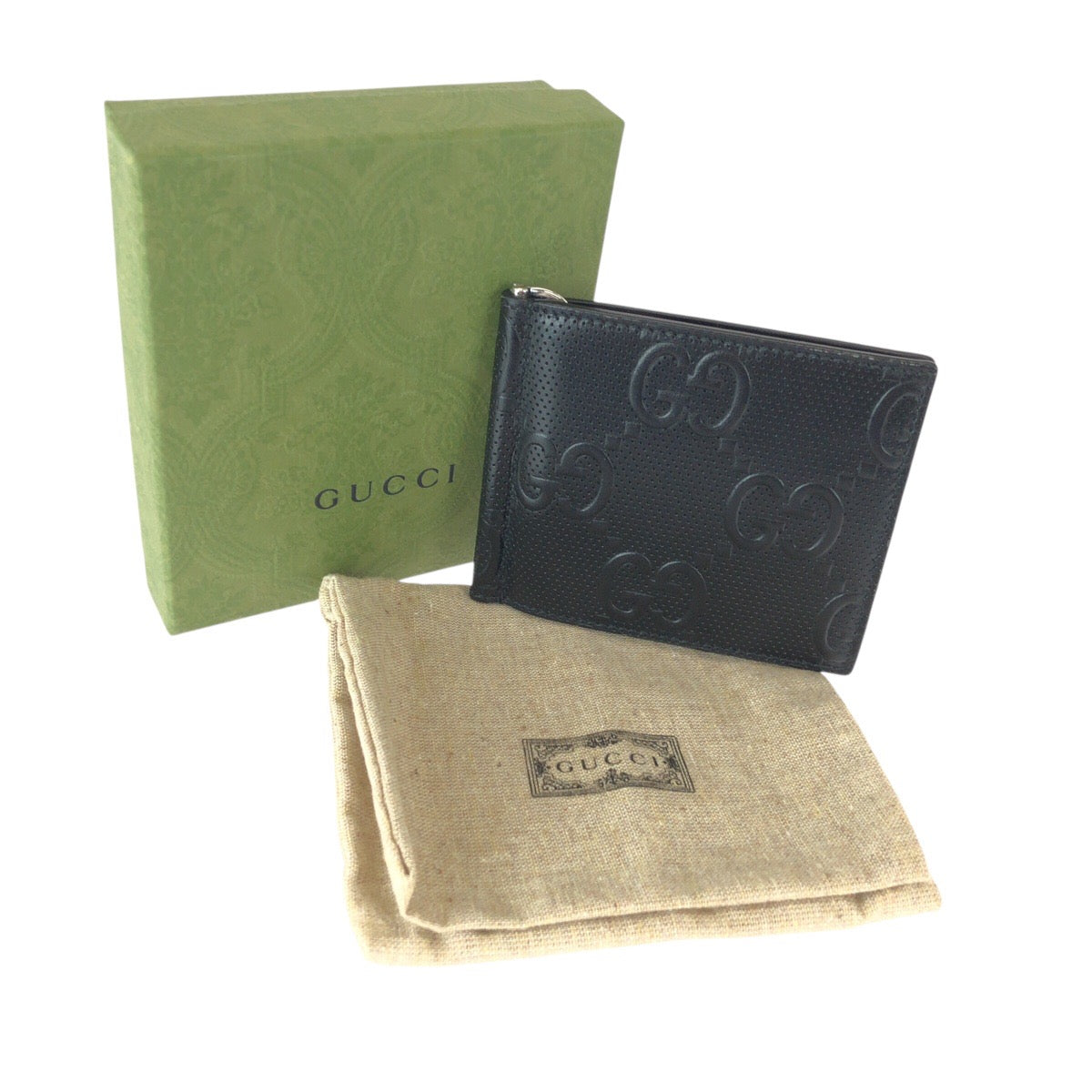 22811
GUCCI グッチ GGエンボス ブラック 黒 シルバー金具 レザー 676656 マネークリップ カードケース メンズ A35