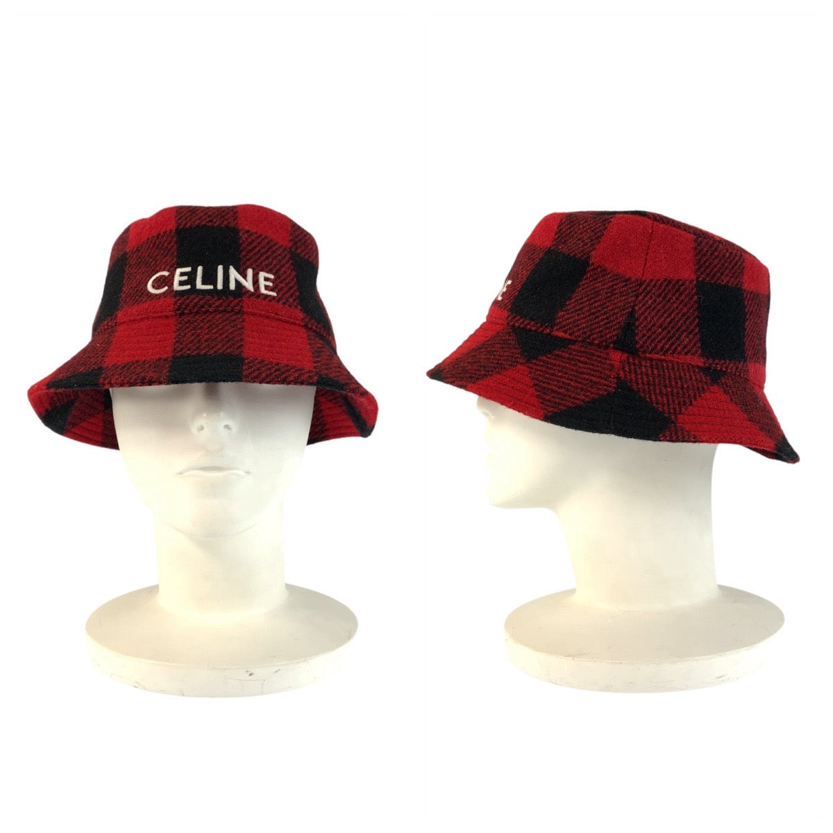 23087
CELINE セリーヌ チェック レッド ウール / ポリエステル / コットン バケットハット レディース A35