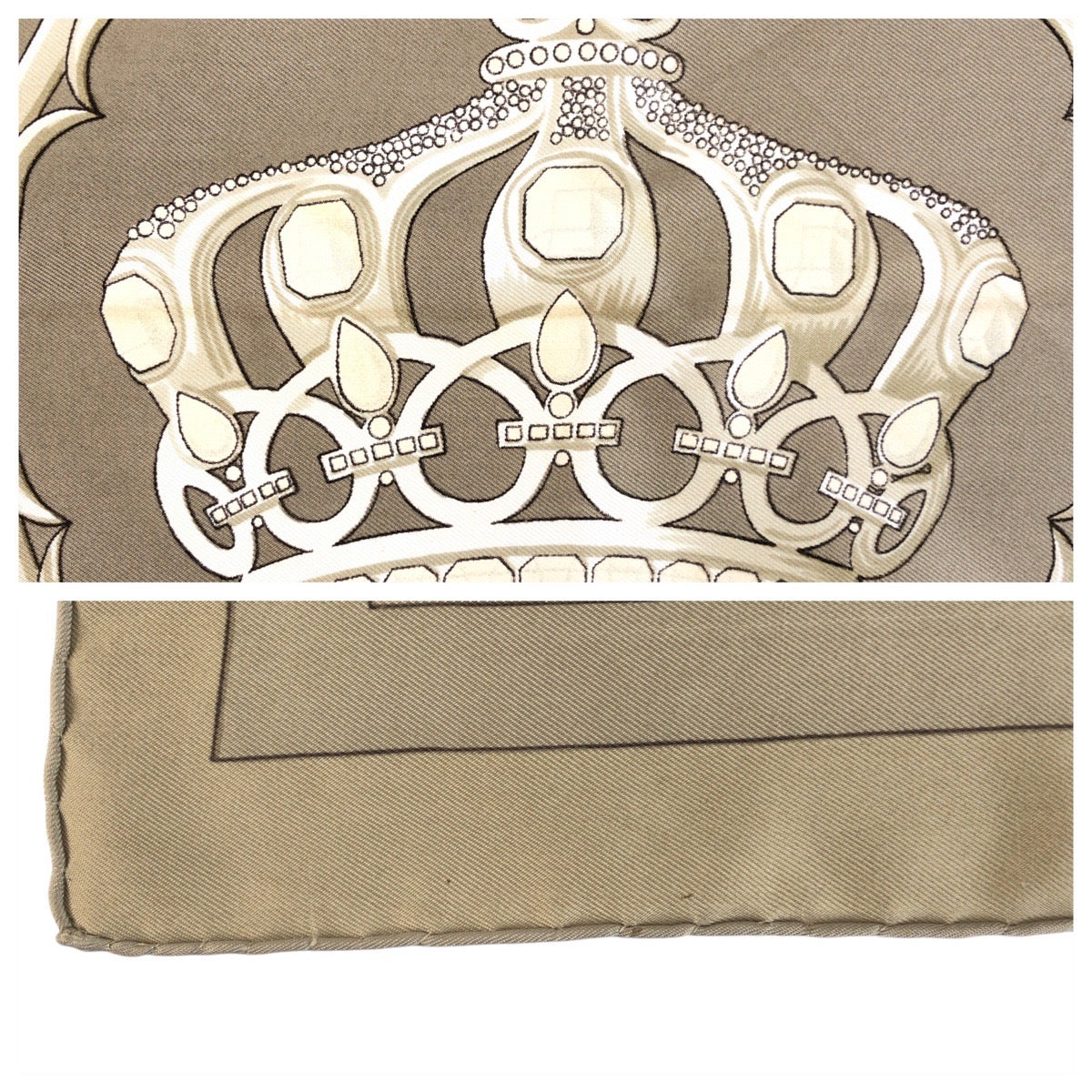 23187
HERMES エルメス カレ90 クラウン柄 ベージュ エトゥープ カーキ シルク スカーフ レディース ABP23